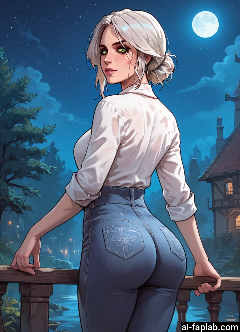 1girl, ass, moon, pants, green eyes, shirt · Yamete.gg