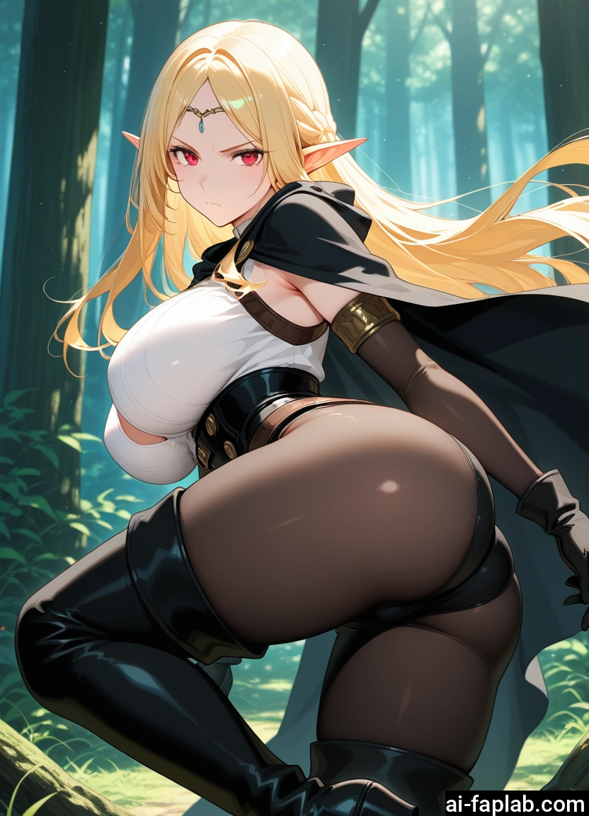 1girl, breasts, ass, blonde hair, pointy ears, gloves