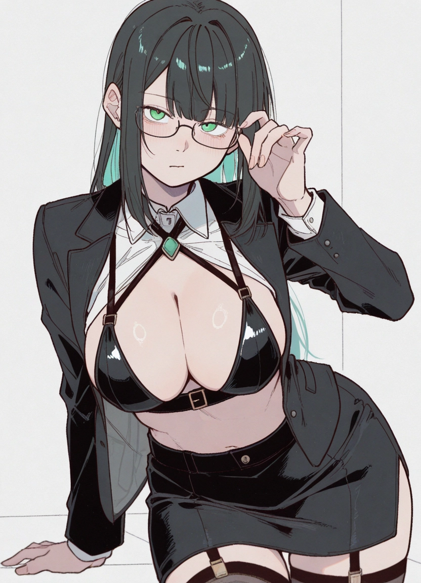 1girl, breasts, large breasts, skirt, glasses, green eyes · Yamete.gg