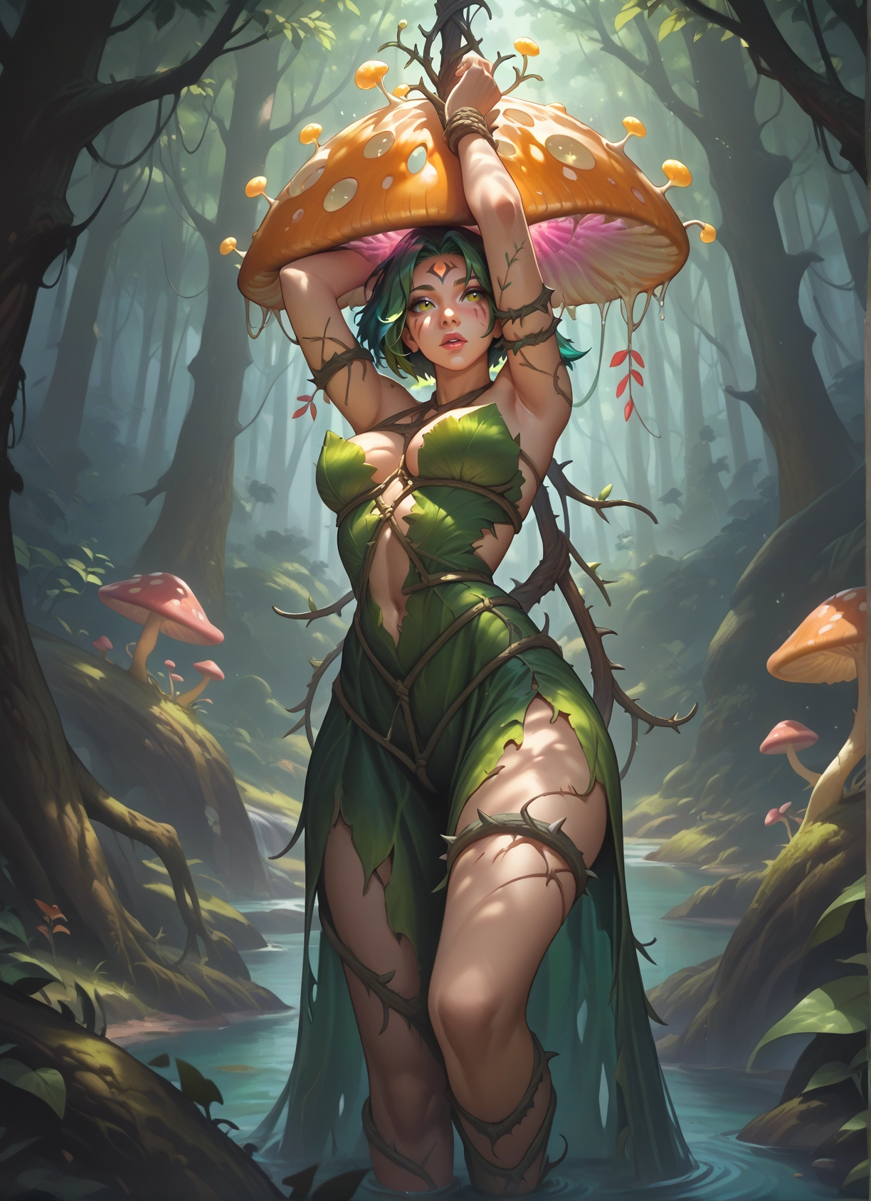 1girl, mushroom, breasts, nature, solo, forest · Yamete.gg