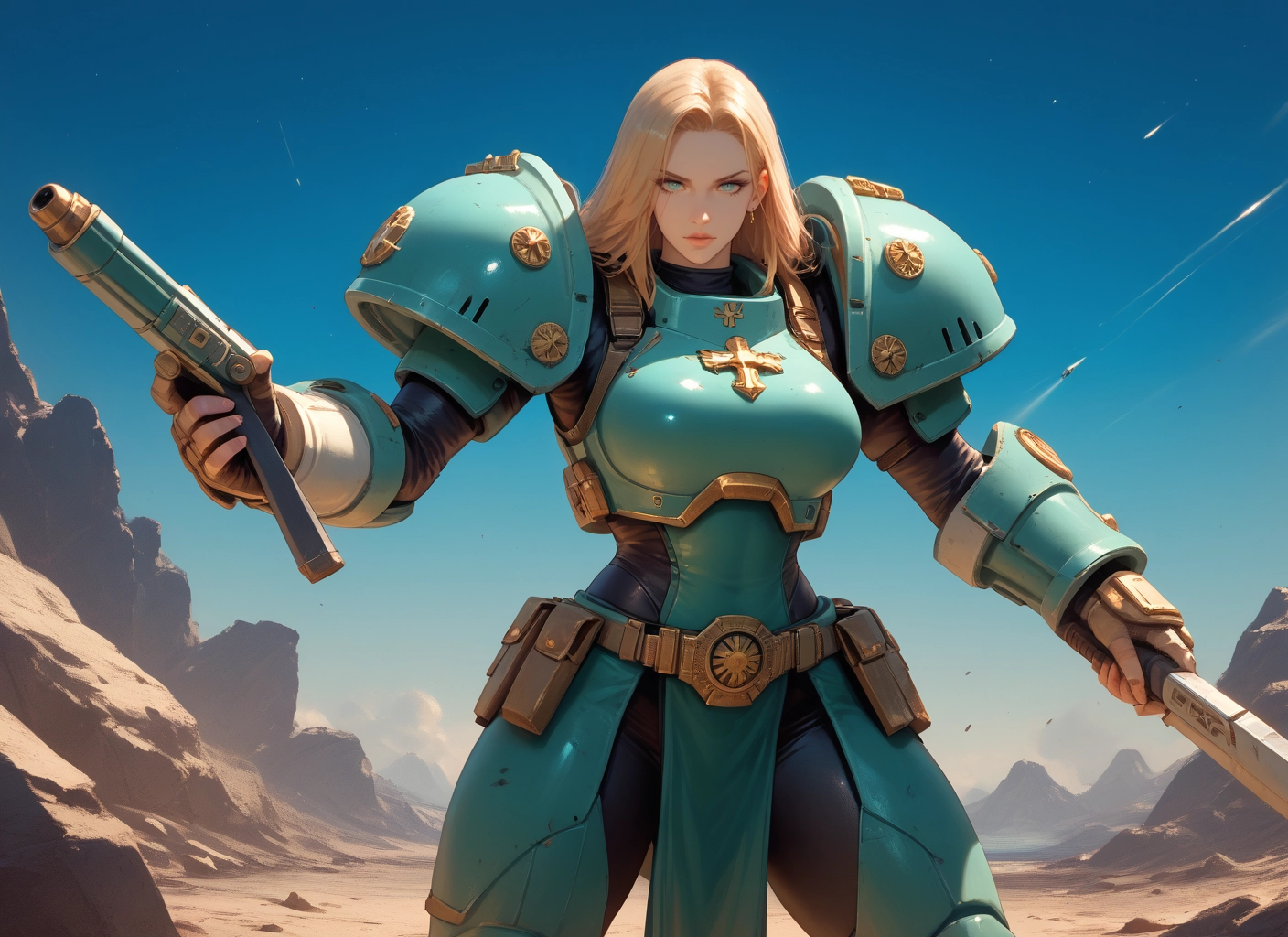 1girl, weapon, blonde hair, gun, solo, armor · Yamete.gg