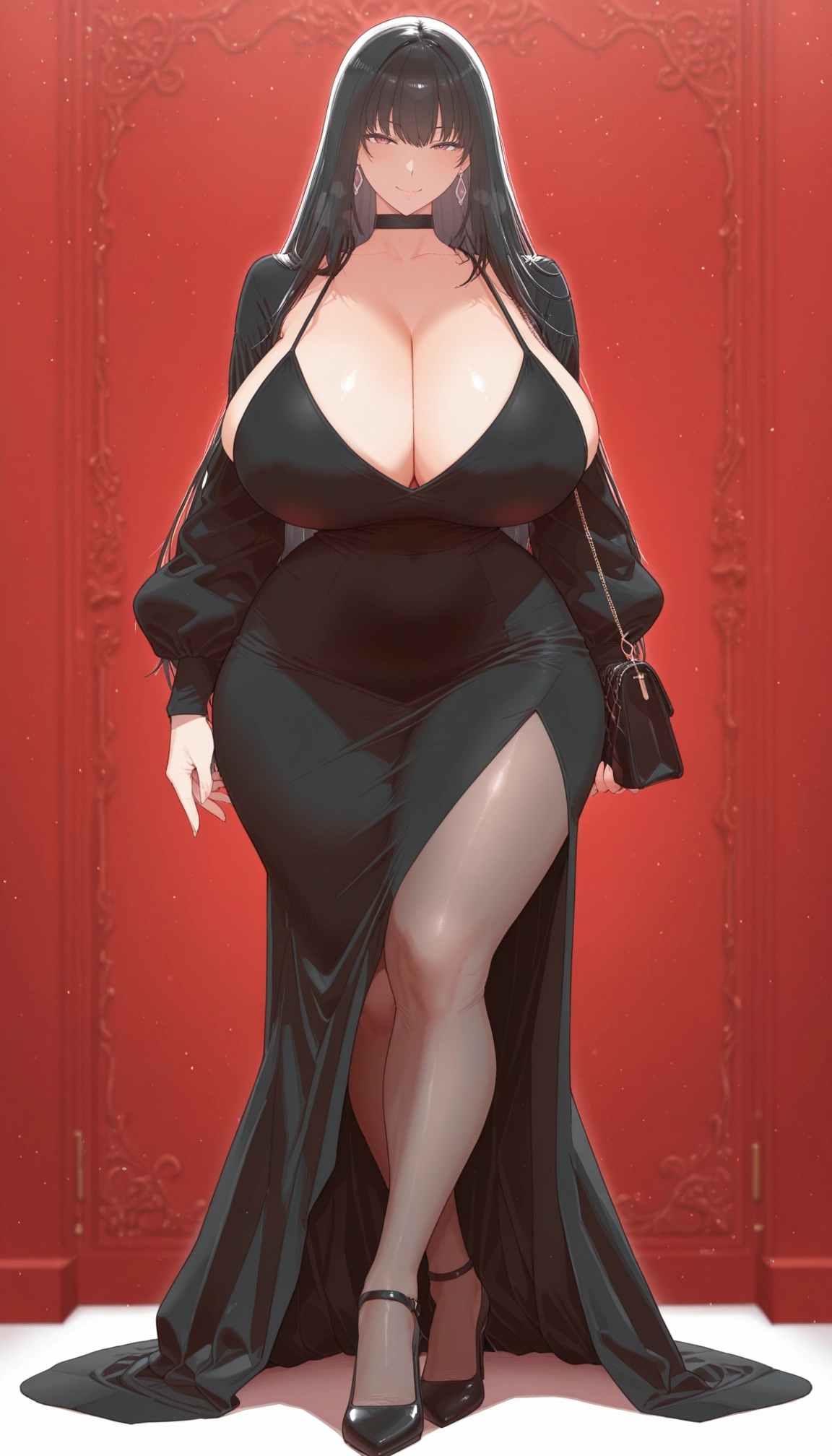 1girl, breasts, dress, black hair, long hair, bag · Yamete.gg