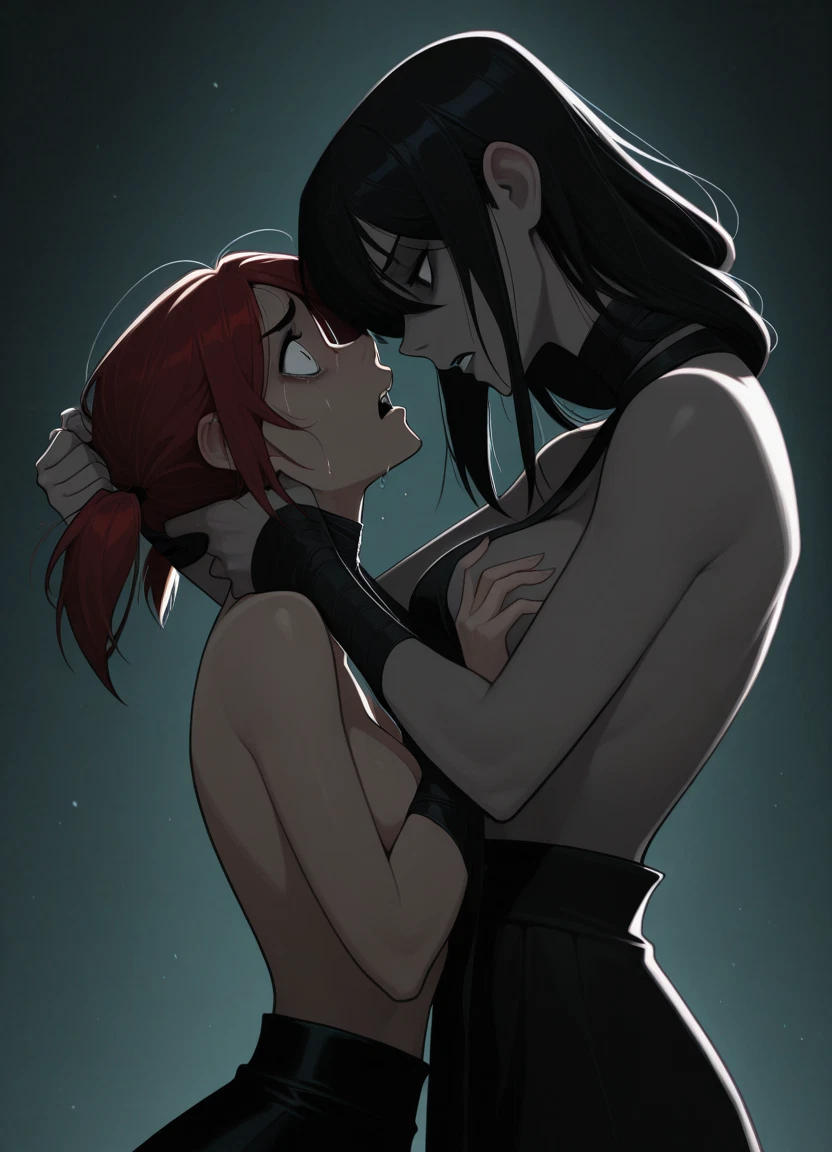 multiple girls, 2girls, breasts, black hair, yuri, red hair