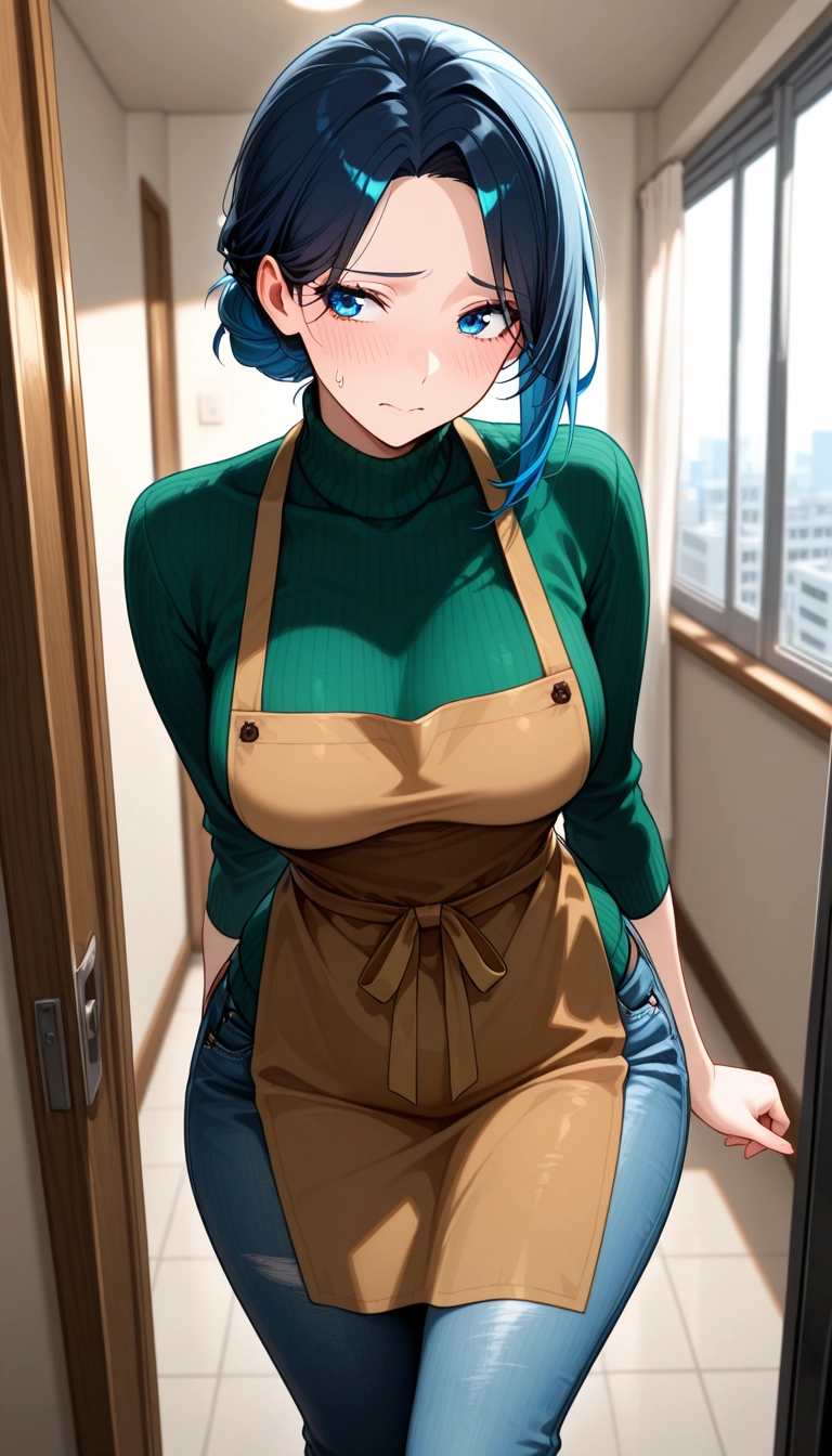 1girl, pants, apron, solo, breasts, blue eyes · Yamete.gg