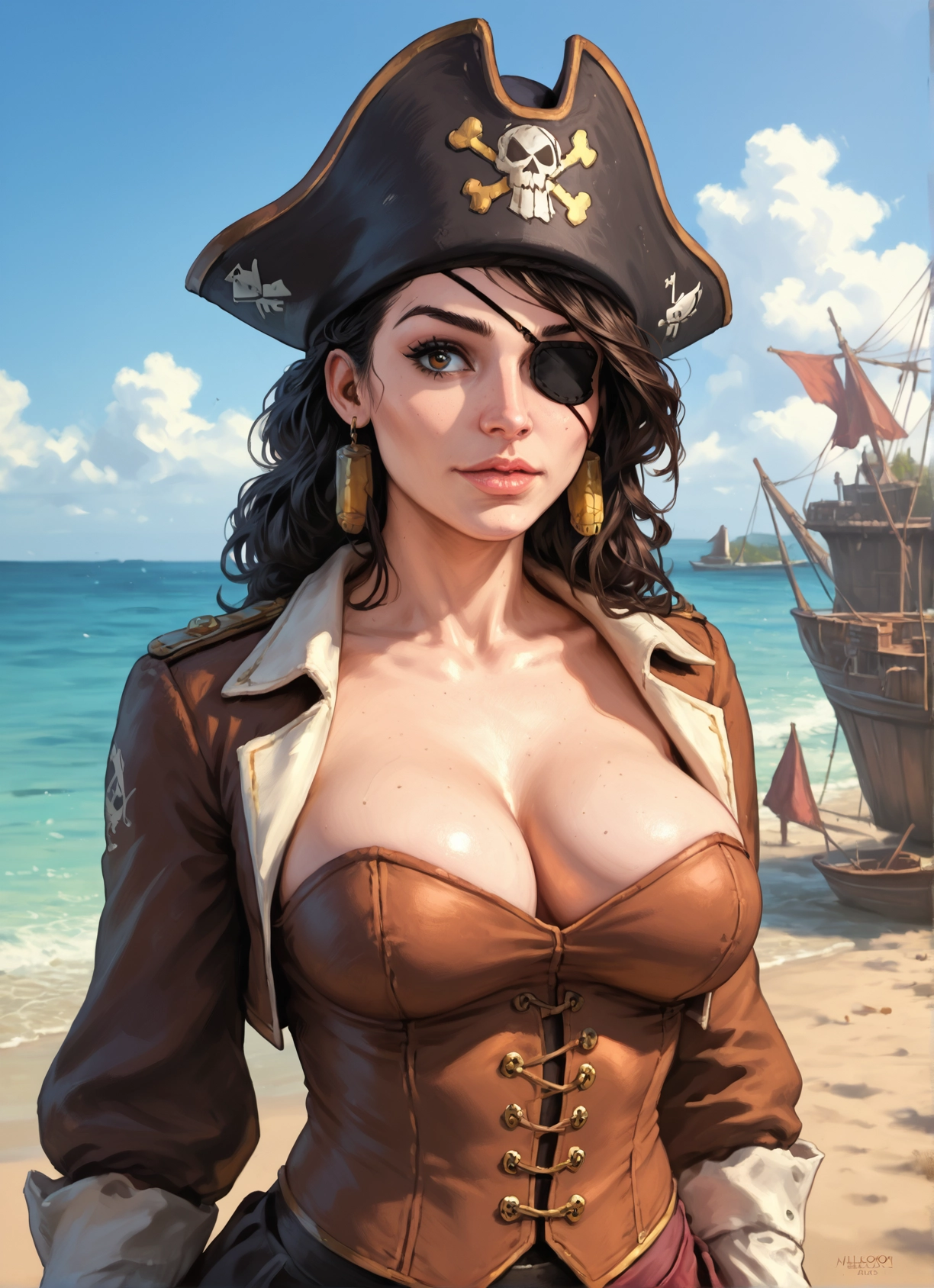 1girl, breasts, eyepatch, hat, earrings, watercraft