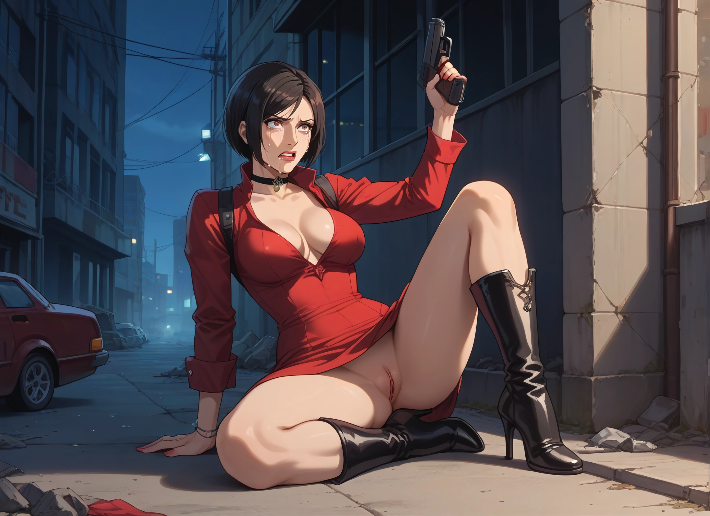 1girl, weapon, breasts, pussy, gun, boots · Yamete.gg