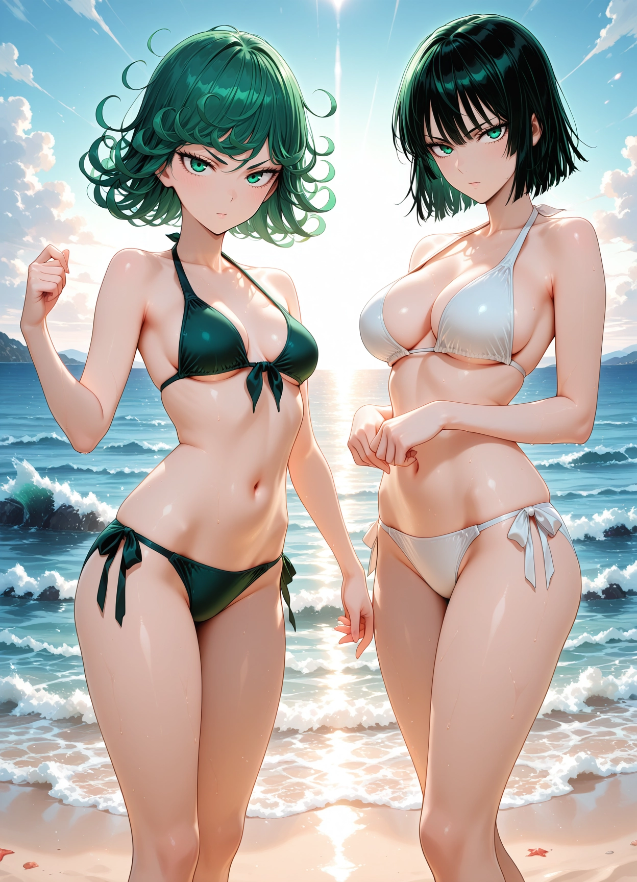 breasts, green eyes, side-tie bikini bottom, swimsuit, bikini, multiple girls · Yamete.gg