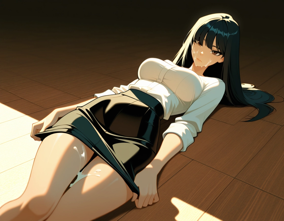1girl, solo, skirt, lying, cum, breasts · Yamete.gg