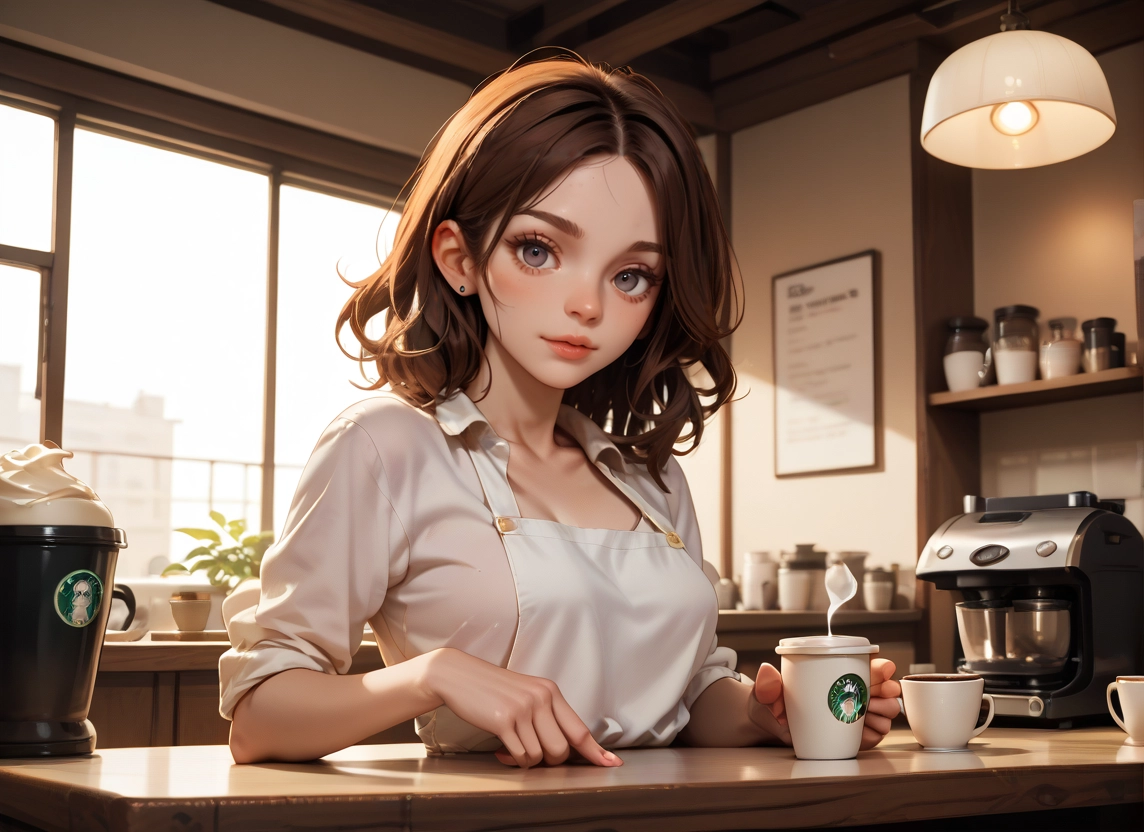 1girl, solo, cup, brown hair, indoors, looking at viewer · Yamete.gg
