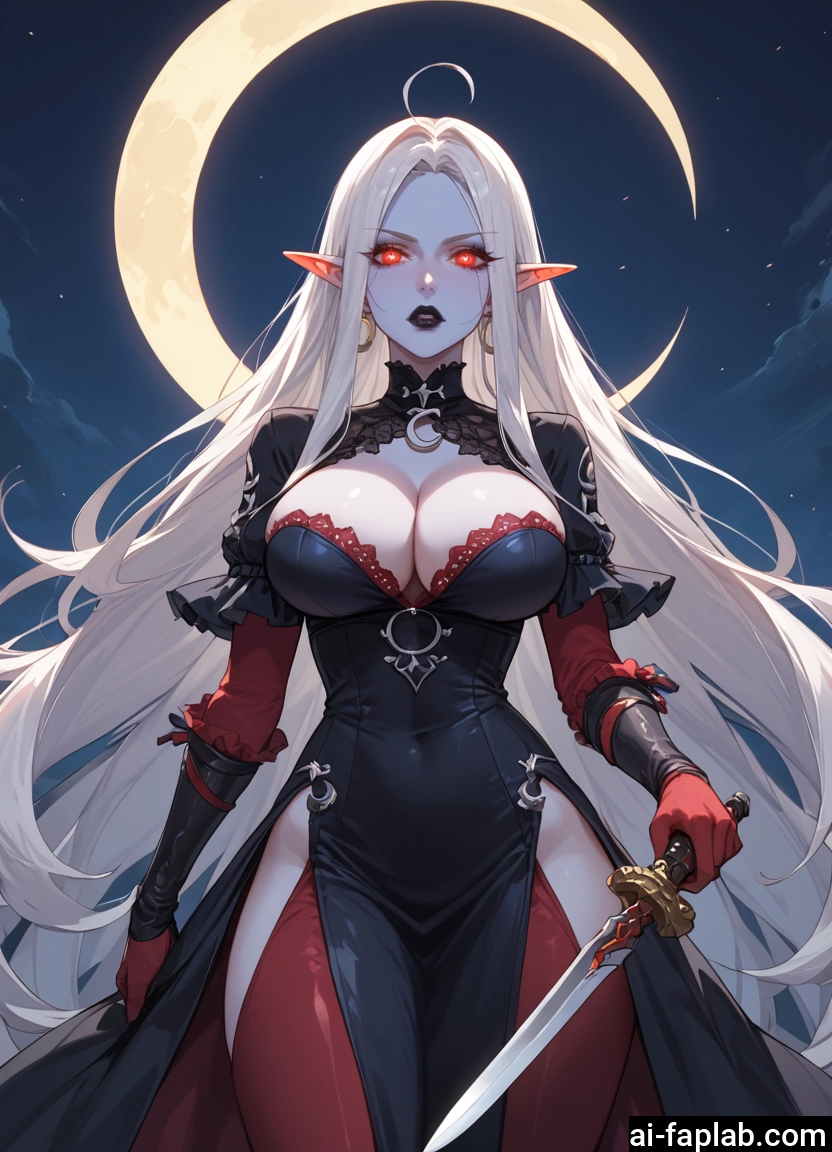 1girl, breasts, long hair, pointy ears, red eyes, weapon · Yamete.gg