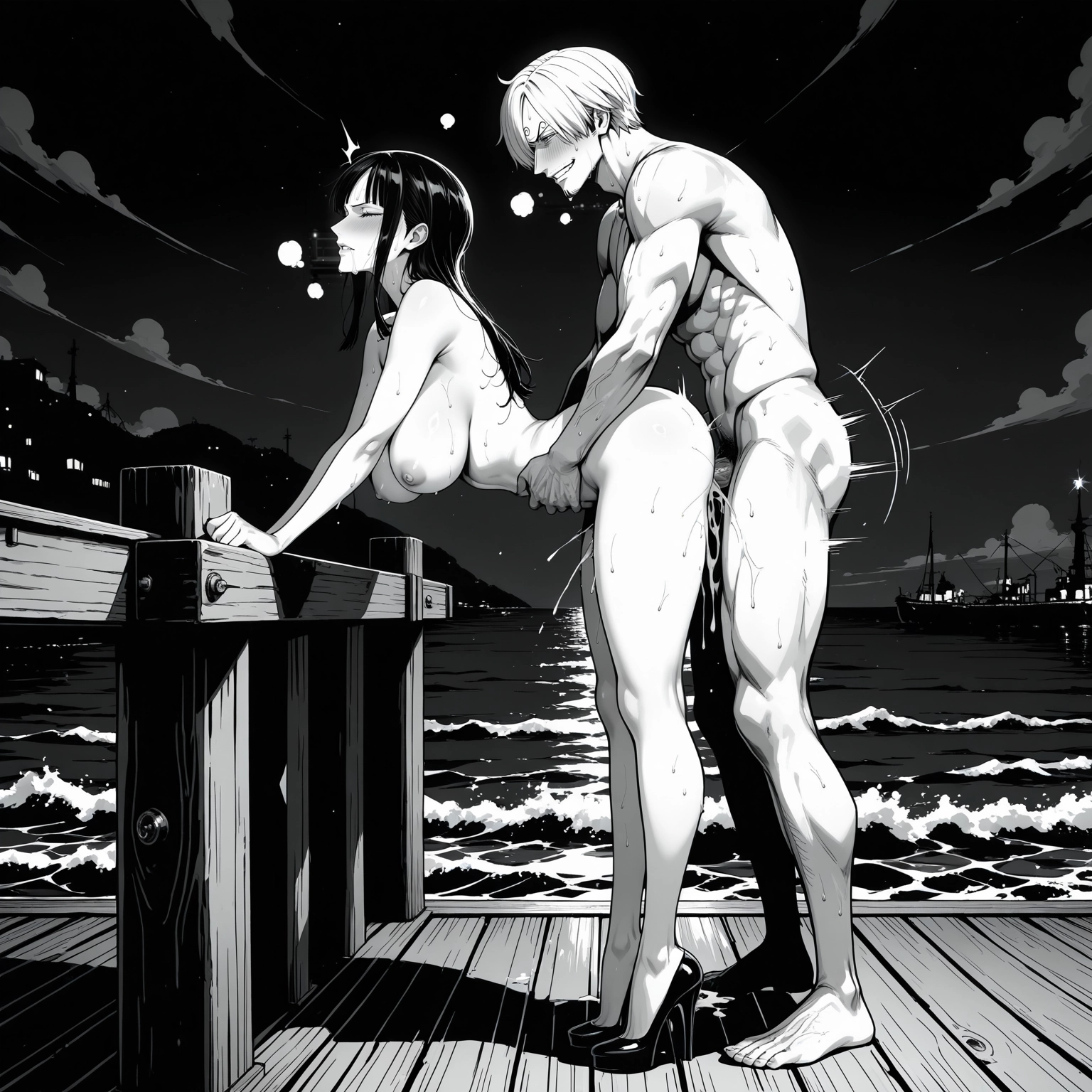 1girl, 1boy, breasts, hetero, monochrome, sex · Yamete.gg
