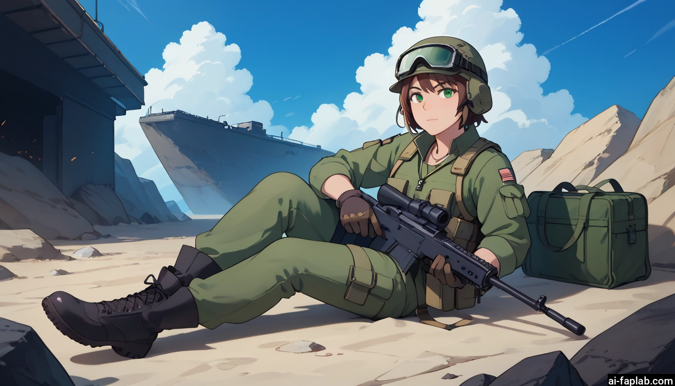 1girl, weapon, gun, green eyes, brown hair, solo · Yamete.gg