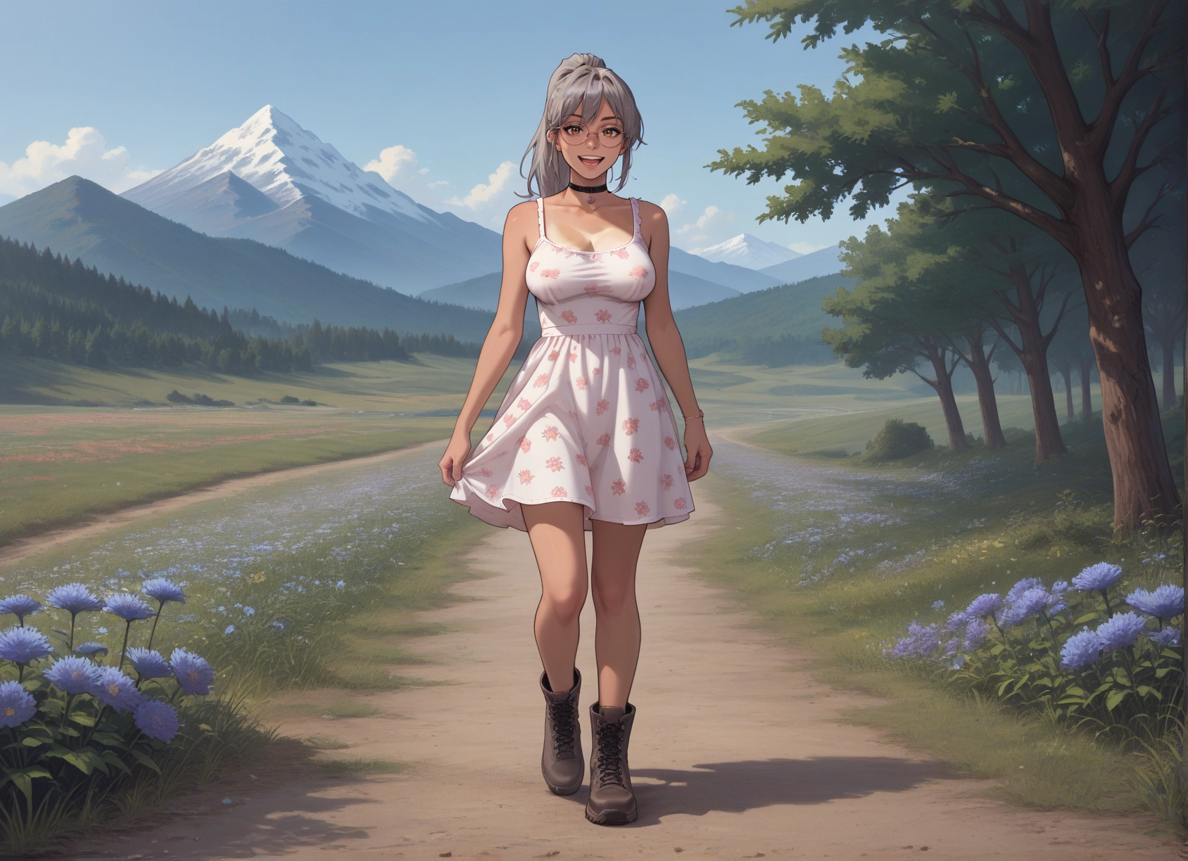 1girl, breasts, flower, dress, solo, glasses · Yamete.gg