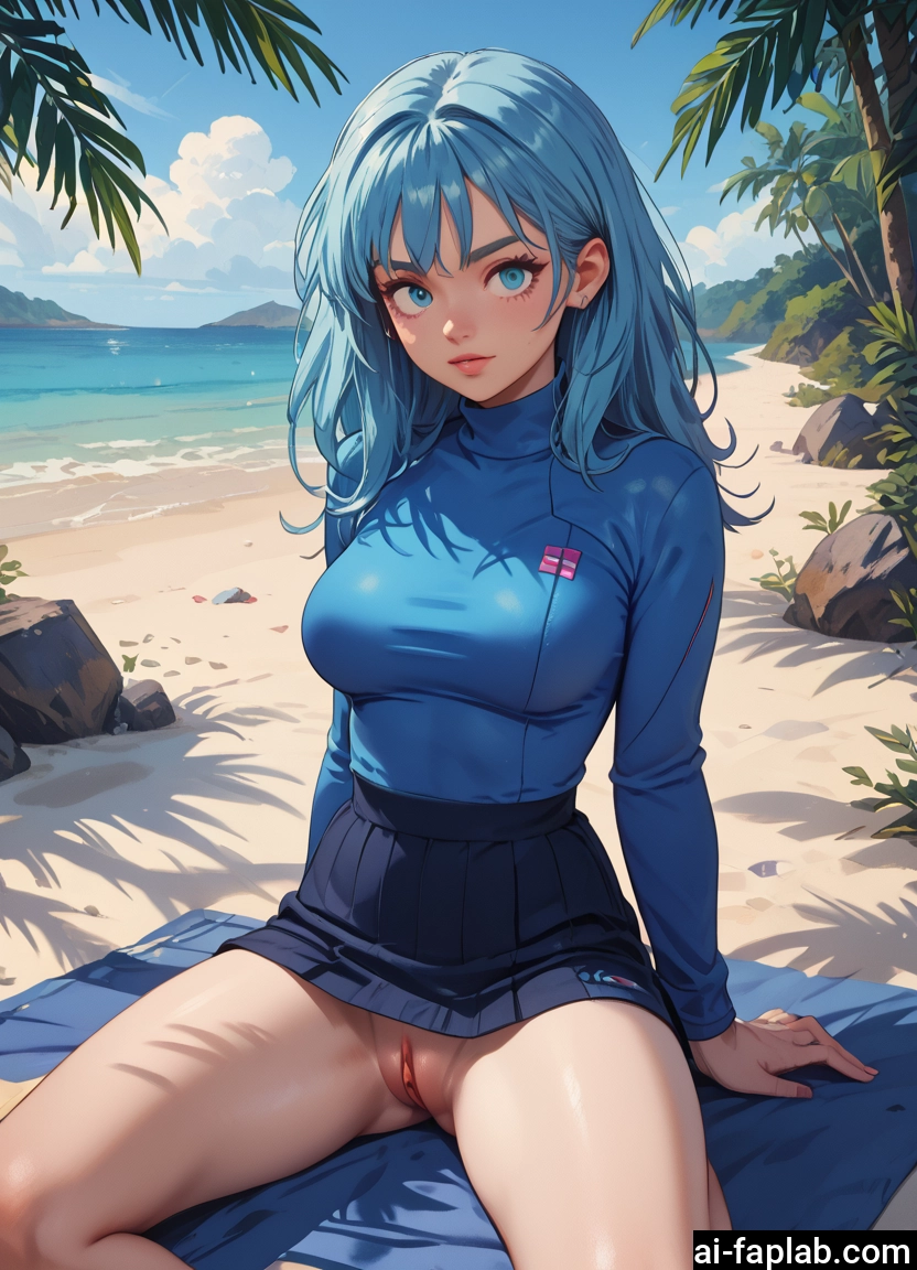 1girl, solo, pussy, skirt, beach, blue eyes