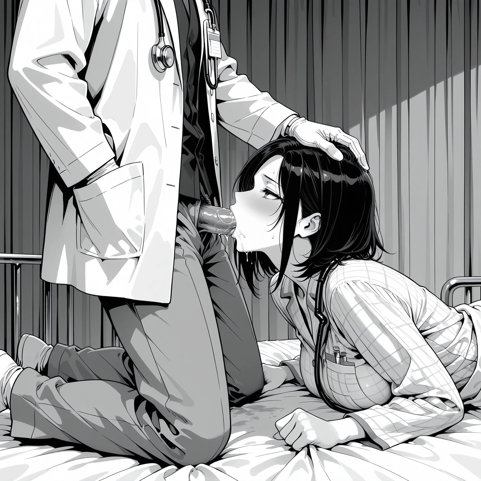 penis, oral, fellatio, hetero, 1girl, monochrome · Yamete.gg