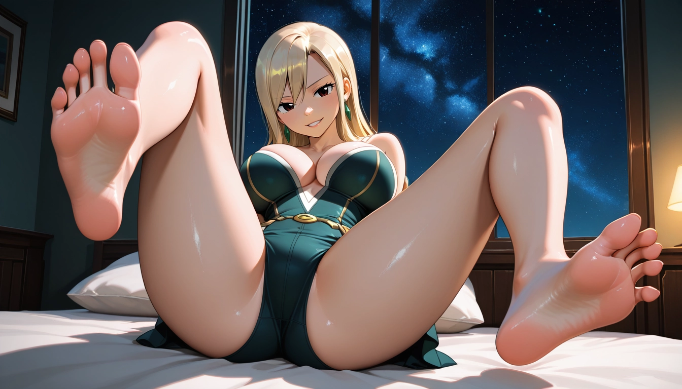 1girl, barefoot, breasts, large breasts, blonde hair, solo · Yamete.gg
