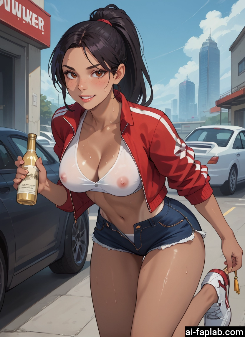 1girl, breasts, shorts, motor vehicle, ground vehicle, car · Yamete.gg