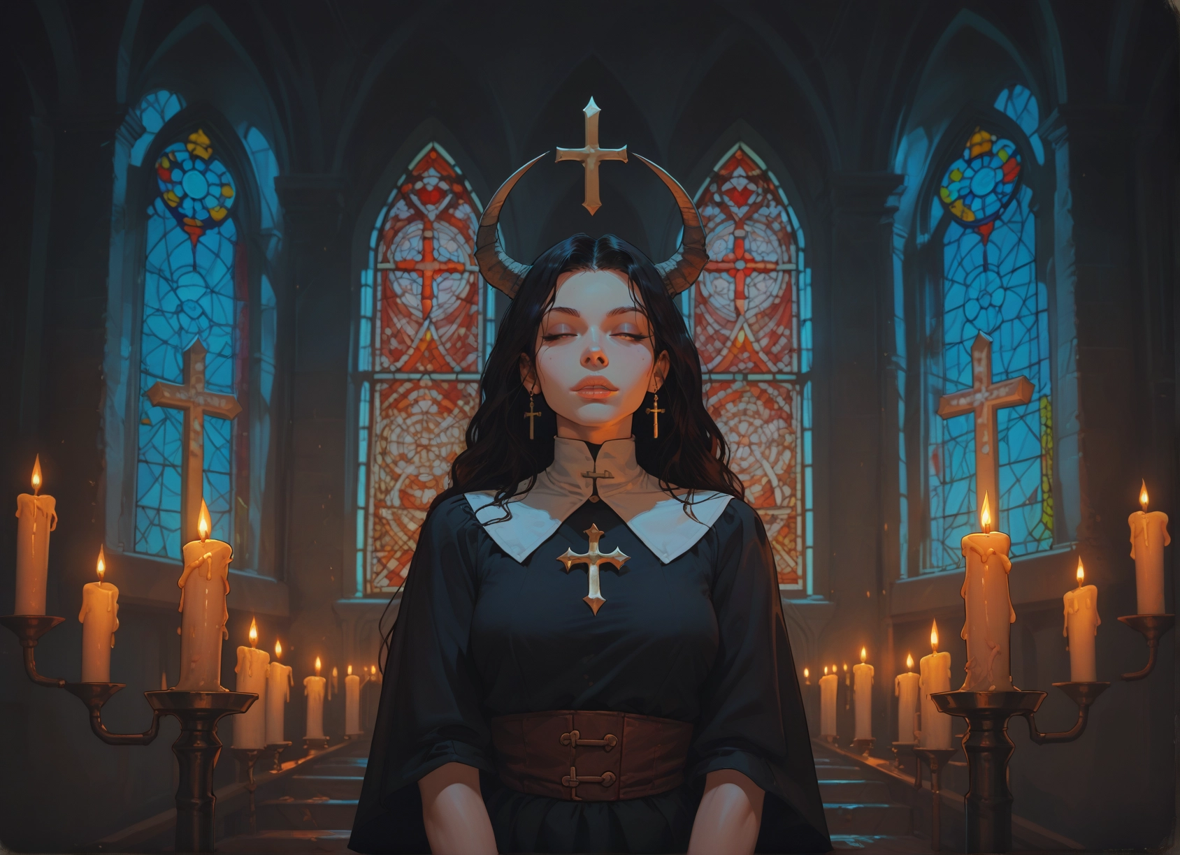 1girl, solo, jewelry, candle, earrings, cross