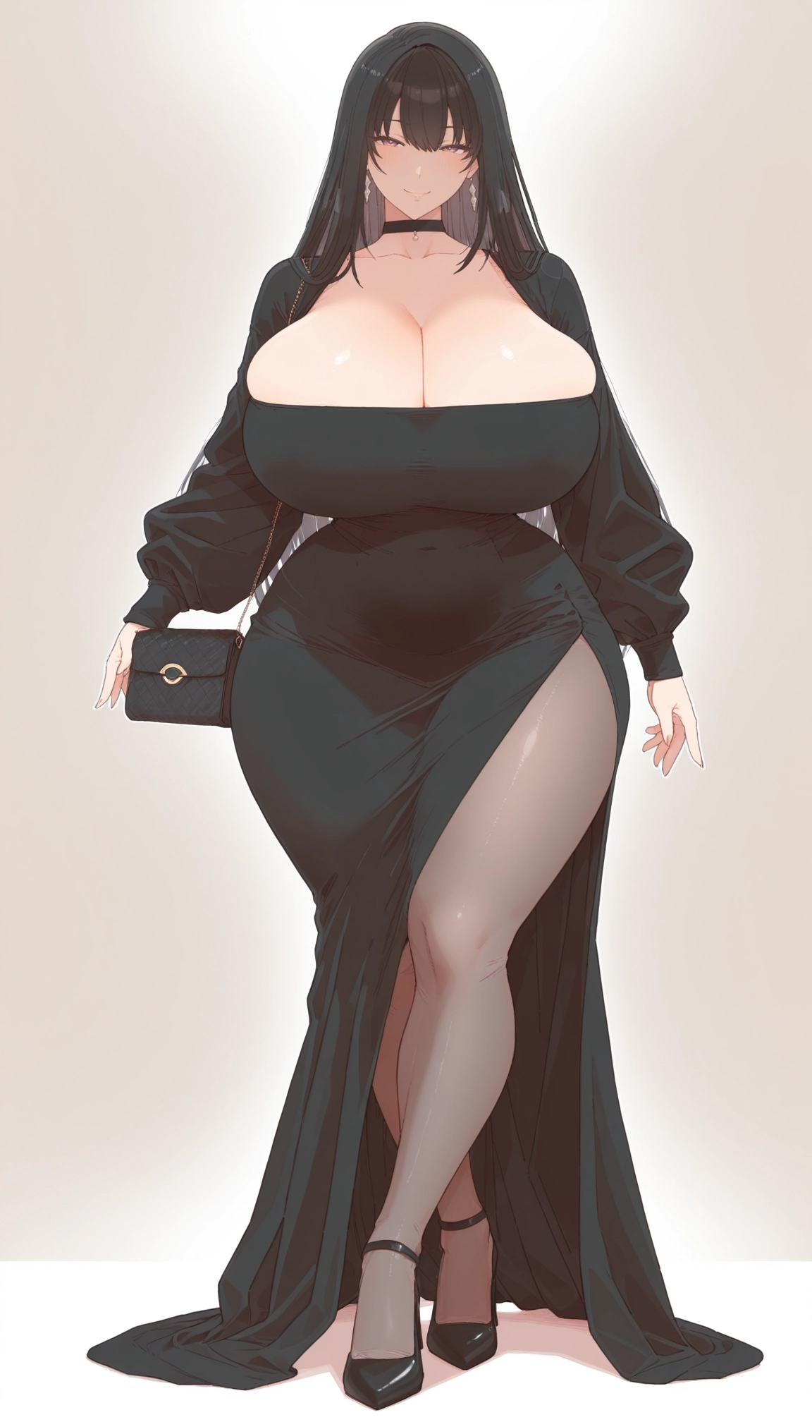1girl, breasts, dress, bag, black hair, pantyhose · Yamete.gg