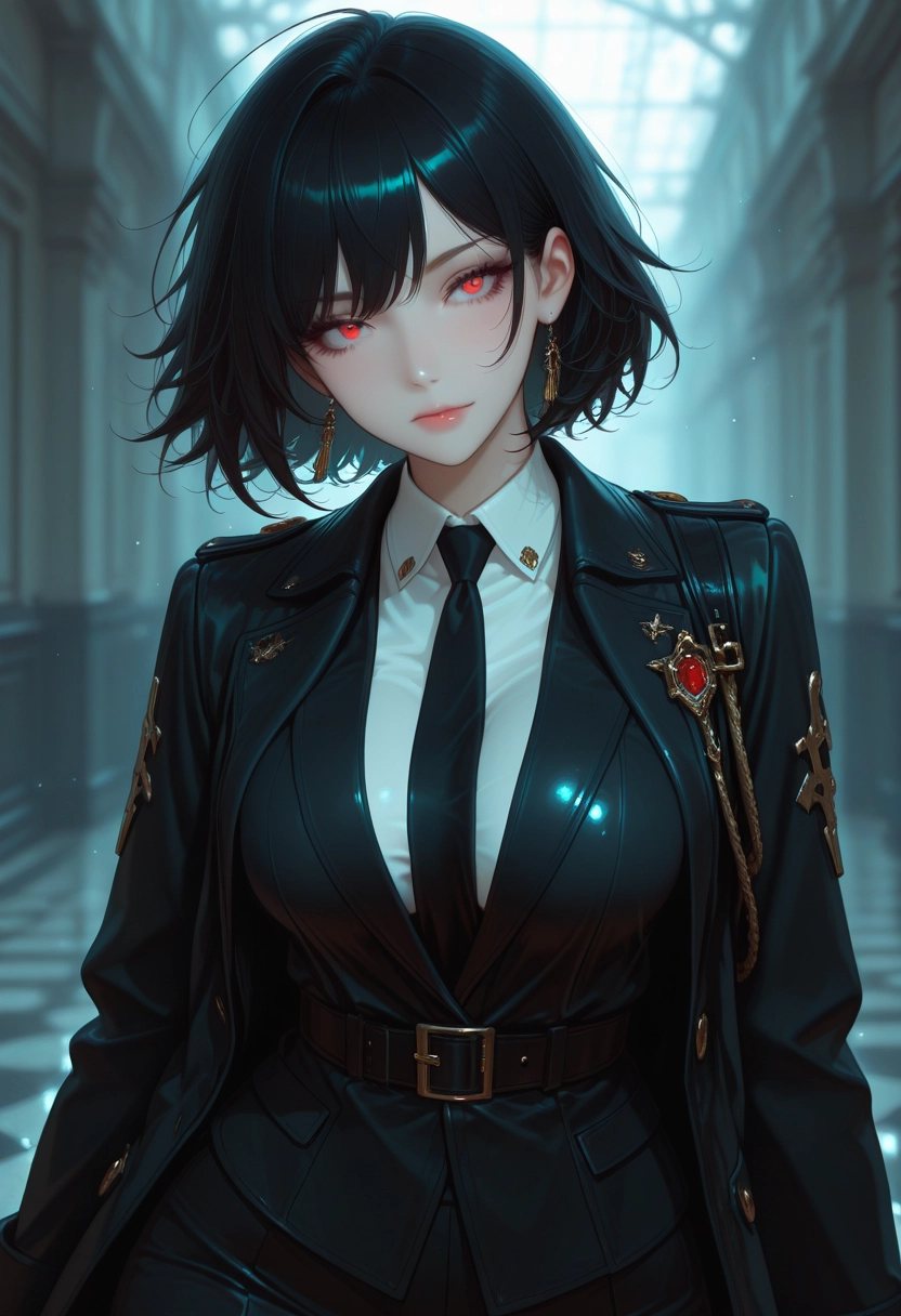 1girl, solo, shirt, red eyes, jewelry, breasts · Yamete.gg