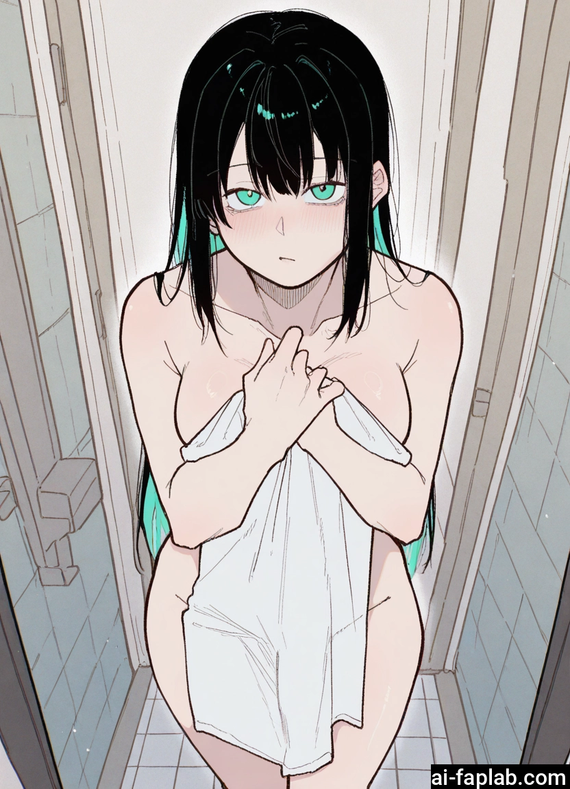 1girl, black hair, towel, breasts, long hair, solo