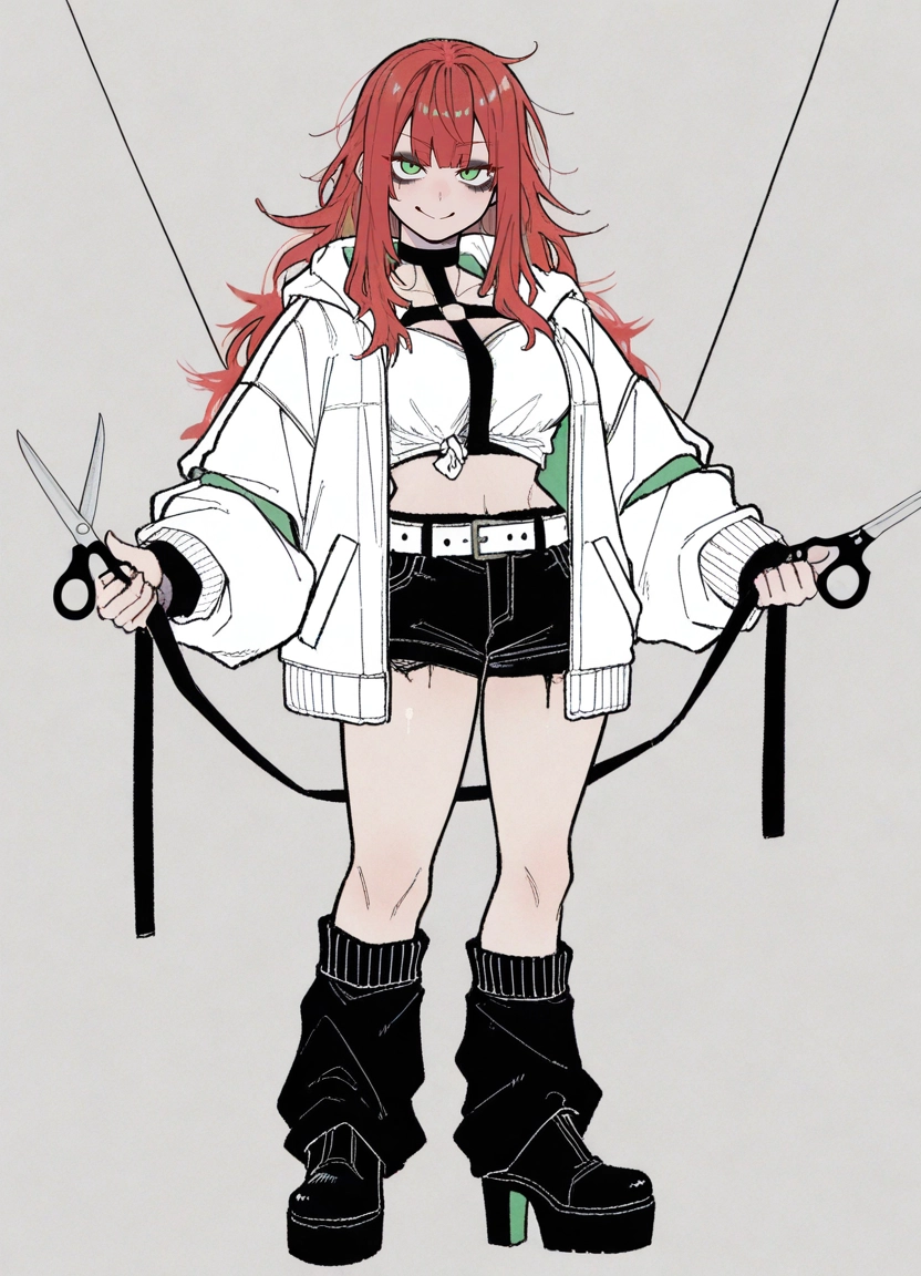 1girl, solo, green eyes, shorts, scissors, smile · Yamete.gg