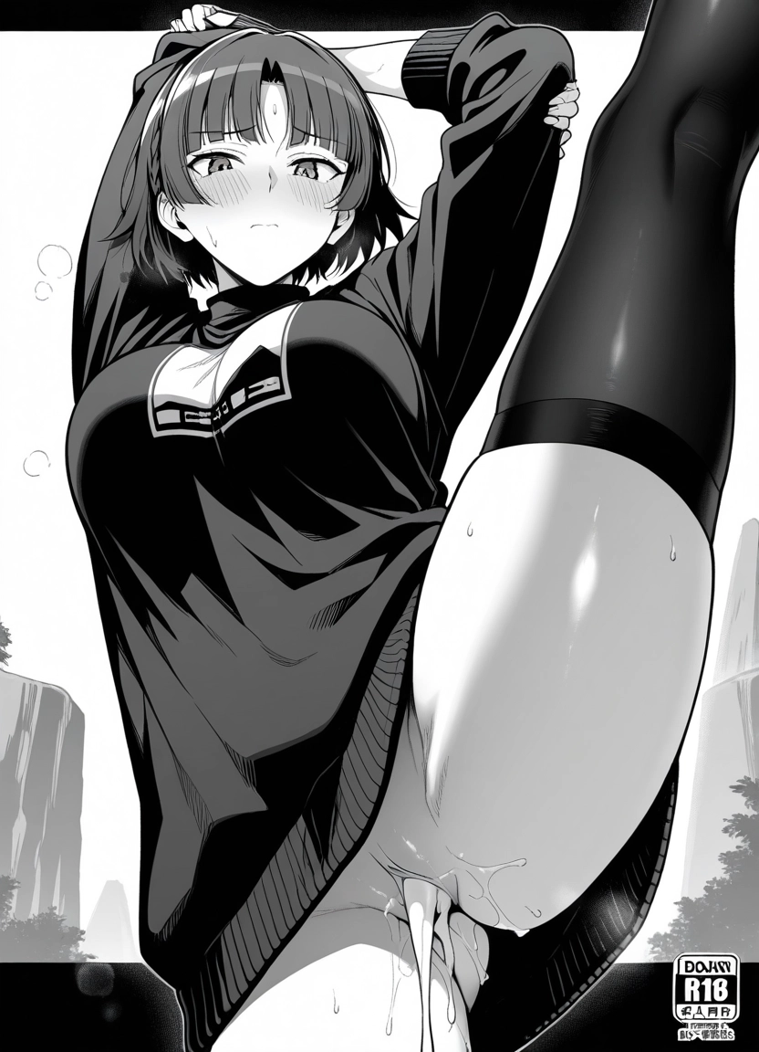 1girl, monochrome, greyscale, solo, split, thighhighs · Yamete.gg