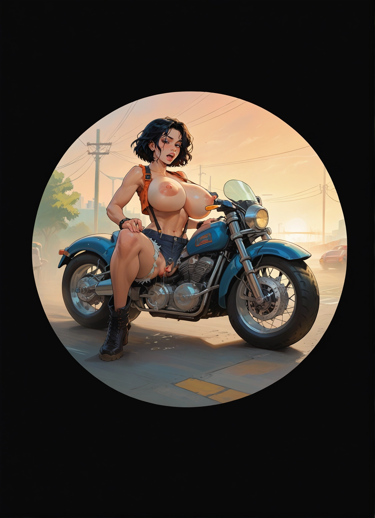 1girl, breasts, motor vehicle, ground vehicle, nipples, motorcycle · Yamete.gg
