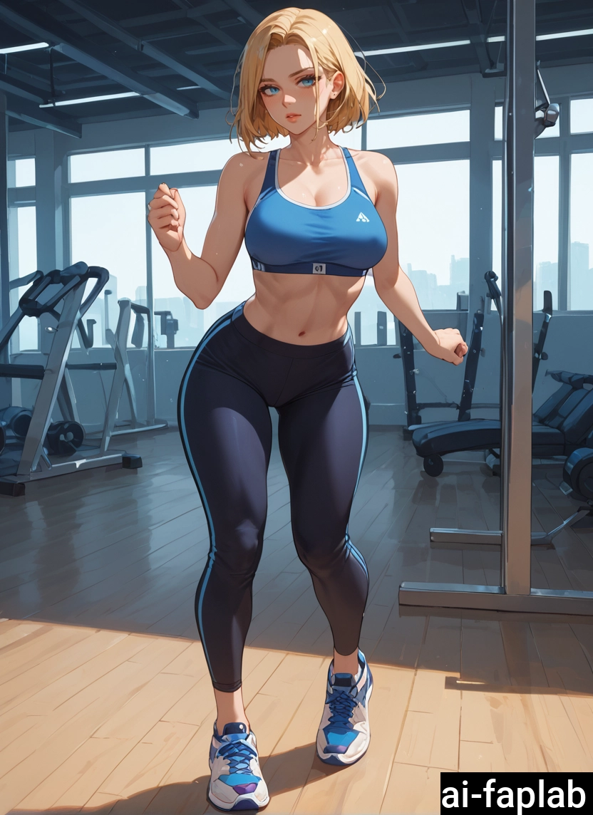 1girl, breasts, gym, blonde hair, solo, blue eyes · Yamete.gg