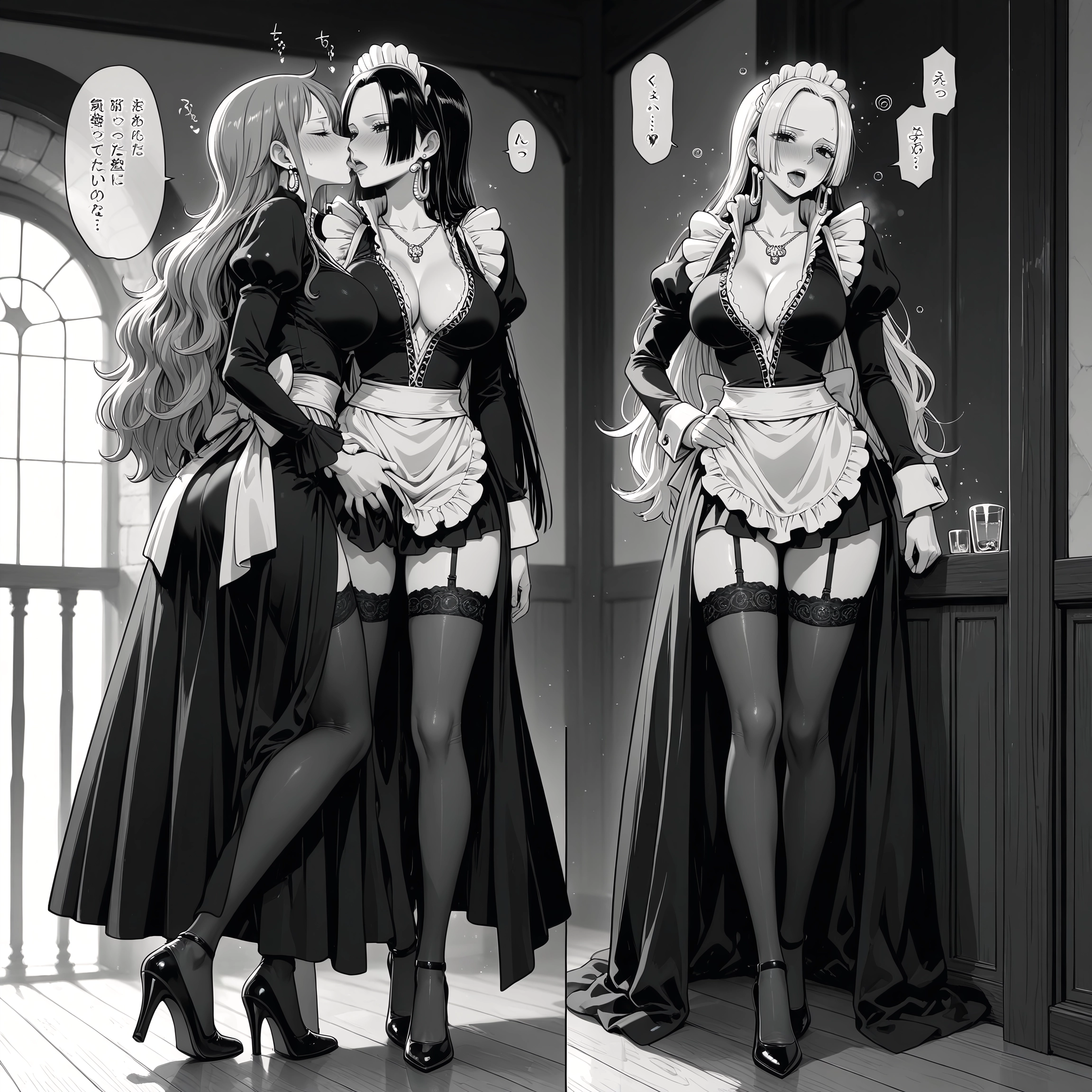 futanari, monochrome, greyscale, breasts, multiple girls, maid · Yamete.gg