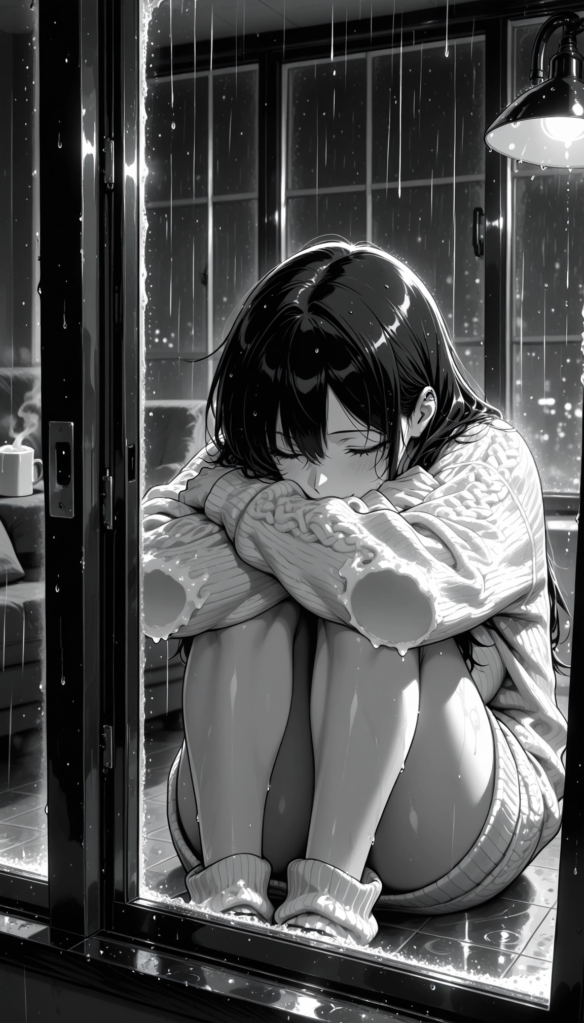 1girl, monochrome, solo, rain, closed eyes, greyscale · Yamete.gg