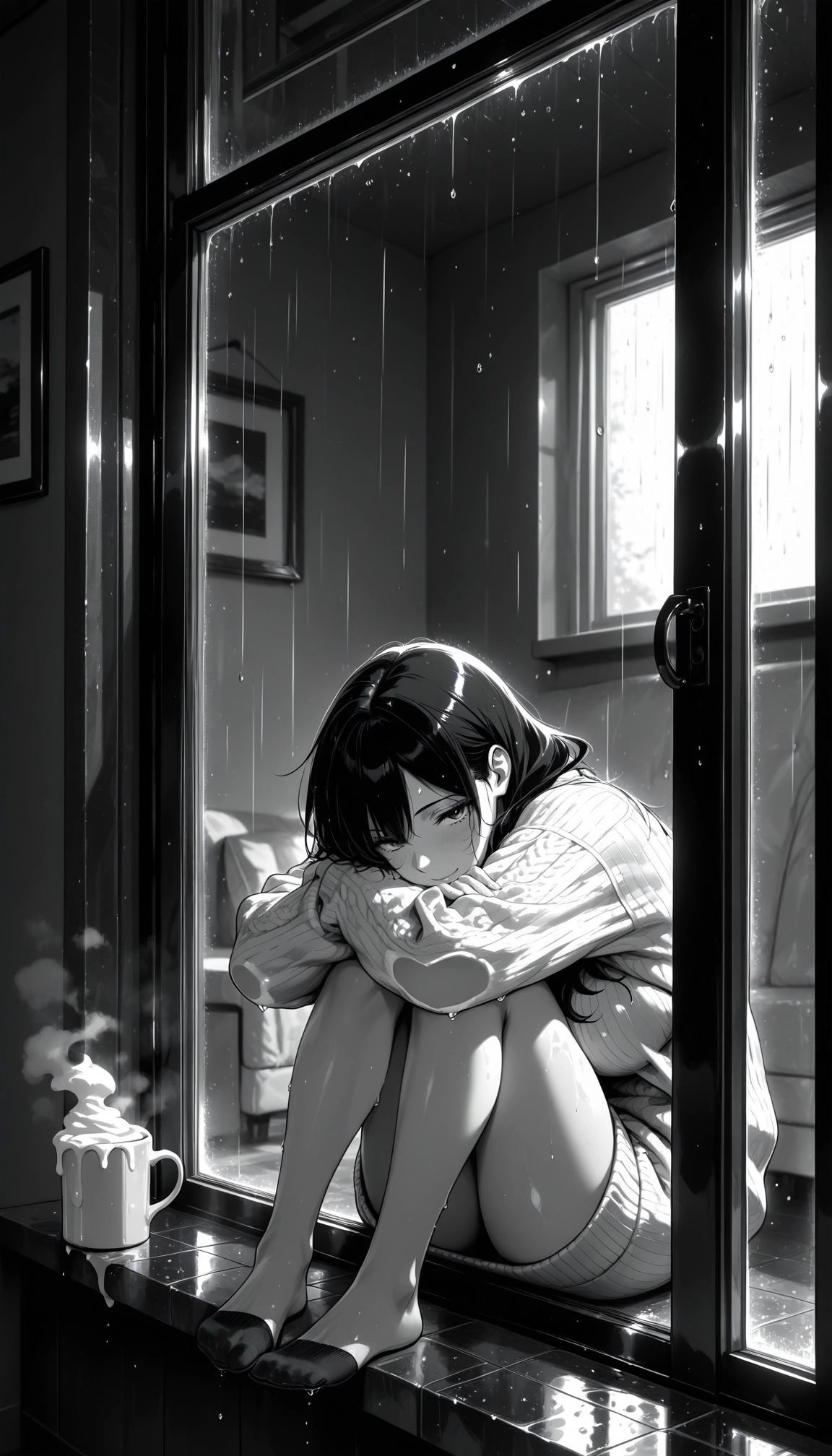 1girl, monochrome, solo, greyscale, rain, sitting · Yamete.gg