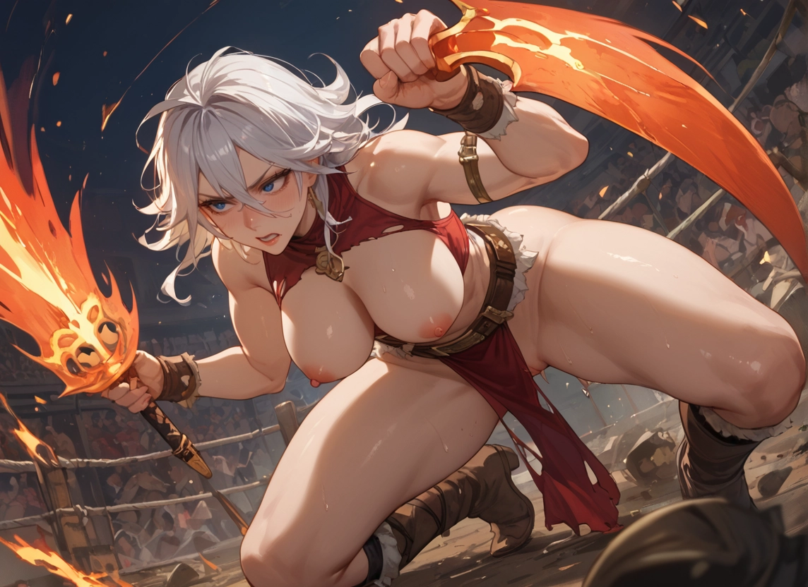 breasts, nipples, blue eyes, 1girl, weapon, boots · Yamete.gg