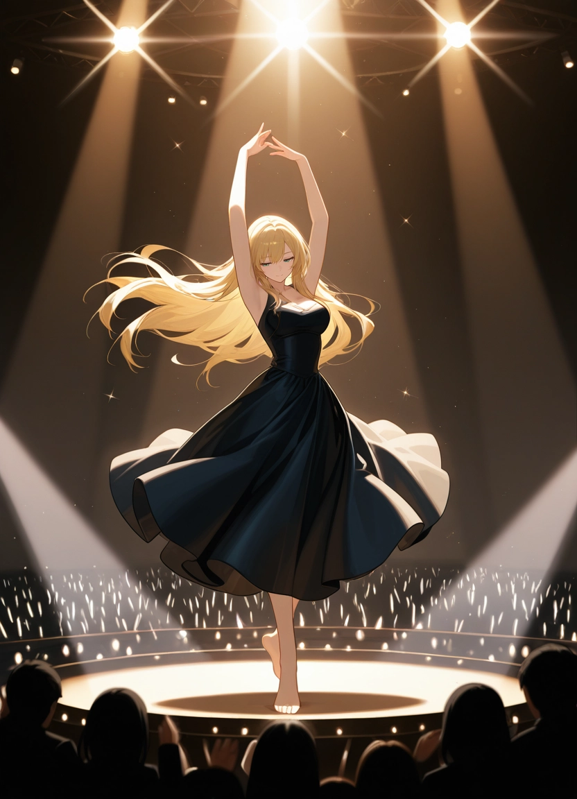 1girl, blonde hair, long hair, dress, barefoot, arms up · Yamete.gg