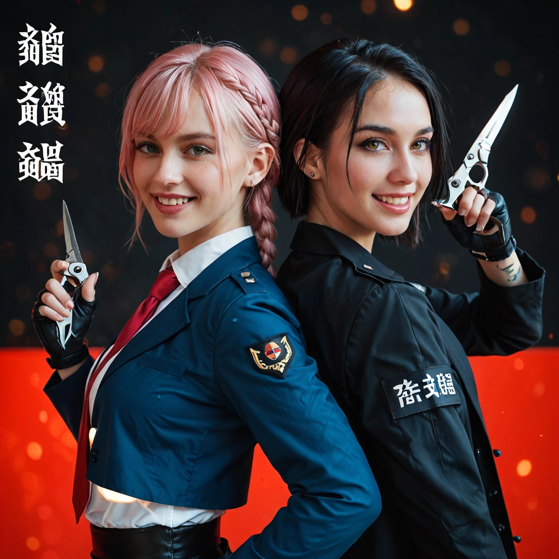 gloves, braid, necktie, pink hair, scissors, multiple girls · Yamete.gg