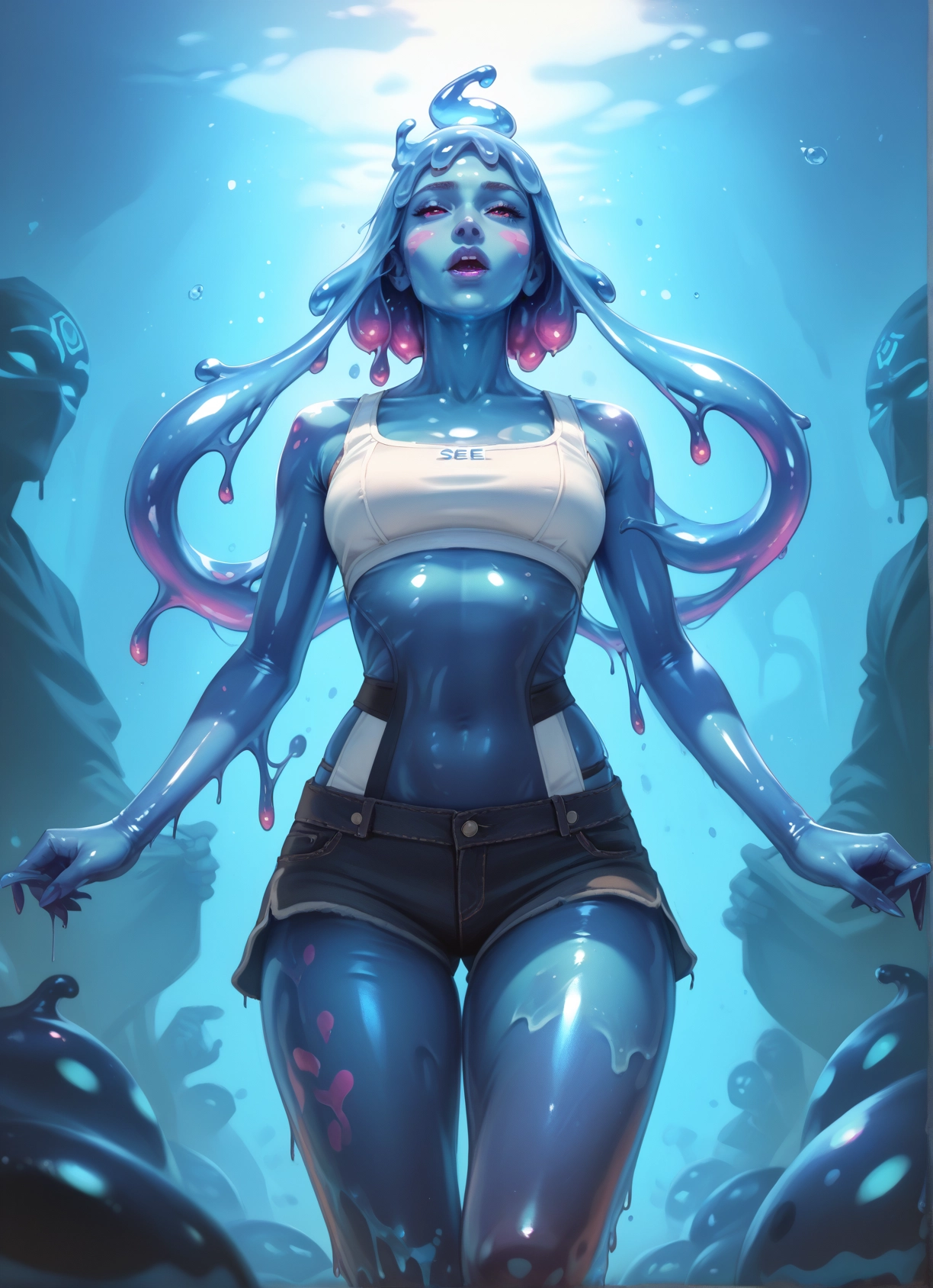 1girl, monster girl, slime girl, colored skin, shorts, blue skin · Yamete.gg