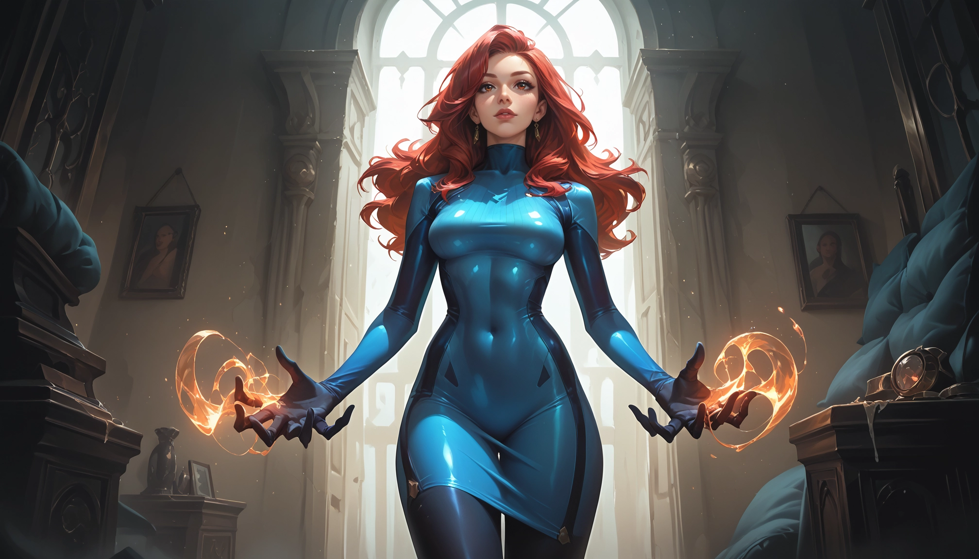 1girl, solo, jewelry, long hair, covered navel, red hair · Yamete.gg