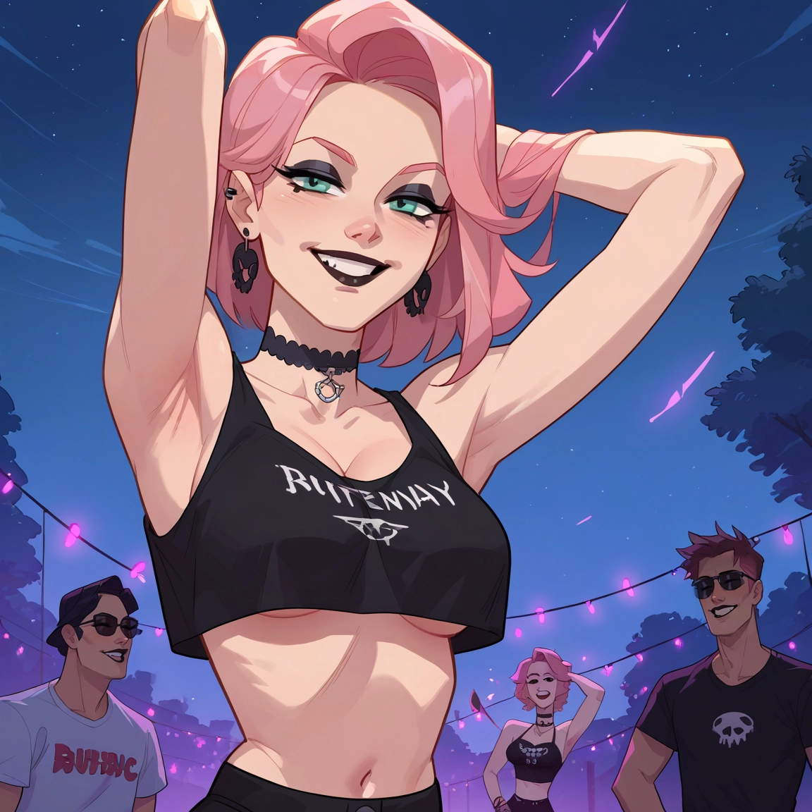 breasts, pink hair, choker, multiple boys, armpits, jewelry · Yamete.gg