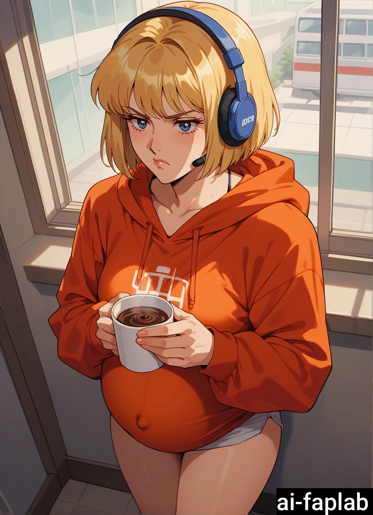 1girl, blonde hair, cup, blue eyes, solo, hood · Yamete.gg
