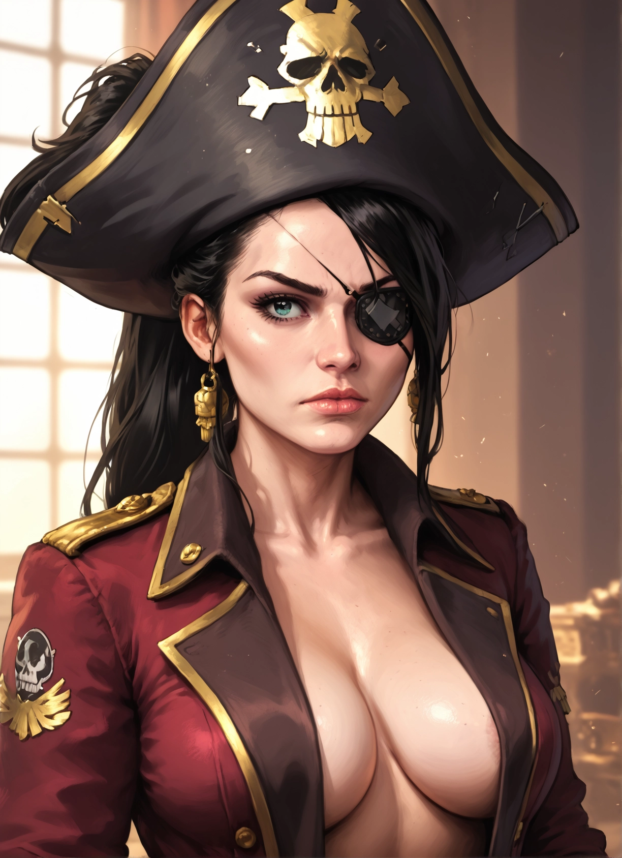 1girl, breasts, eyepatch, hat, solo, pirate hat · Yamete.gg