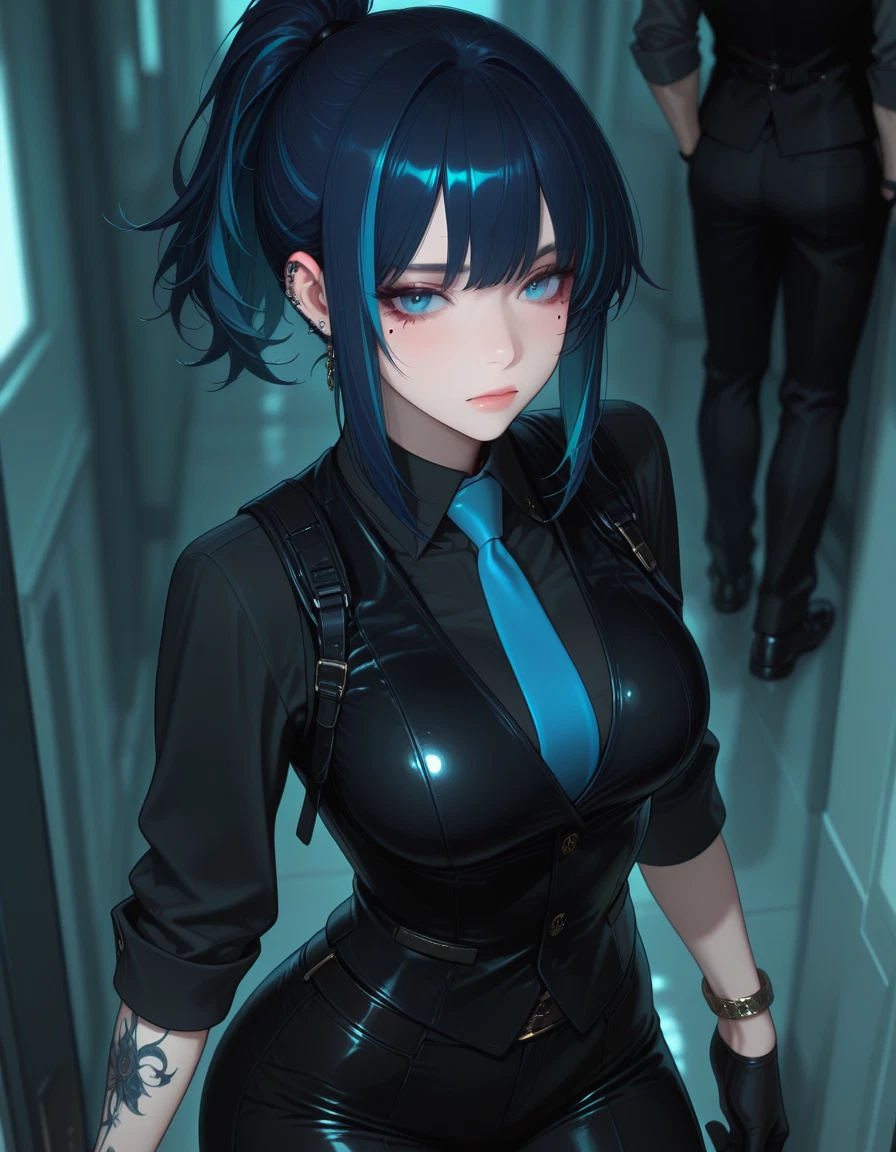 necktie, gloves, breasts, tattoo, shirt, black gloves · Yamete.gg