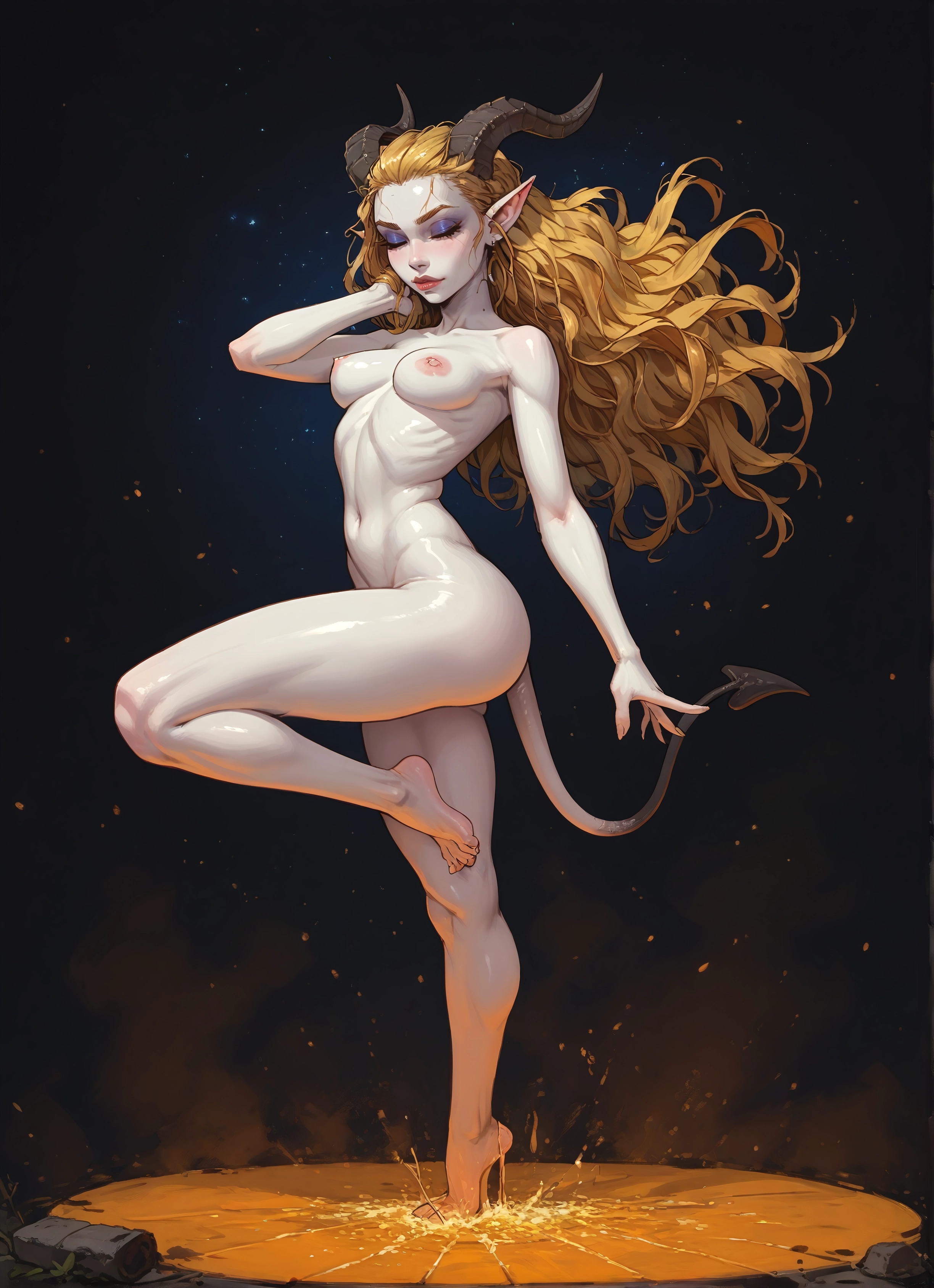 1girl, nipples, breasts, horns, solo, tail · Yamete.gg