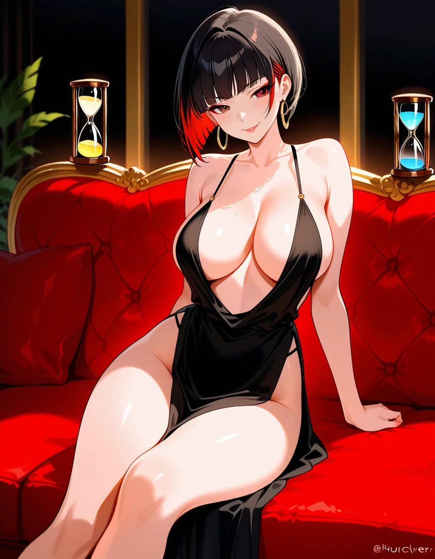 1girl, breasts, black hair, solo, dress, earrings · Yamete.gg