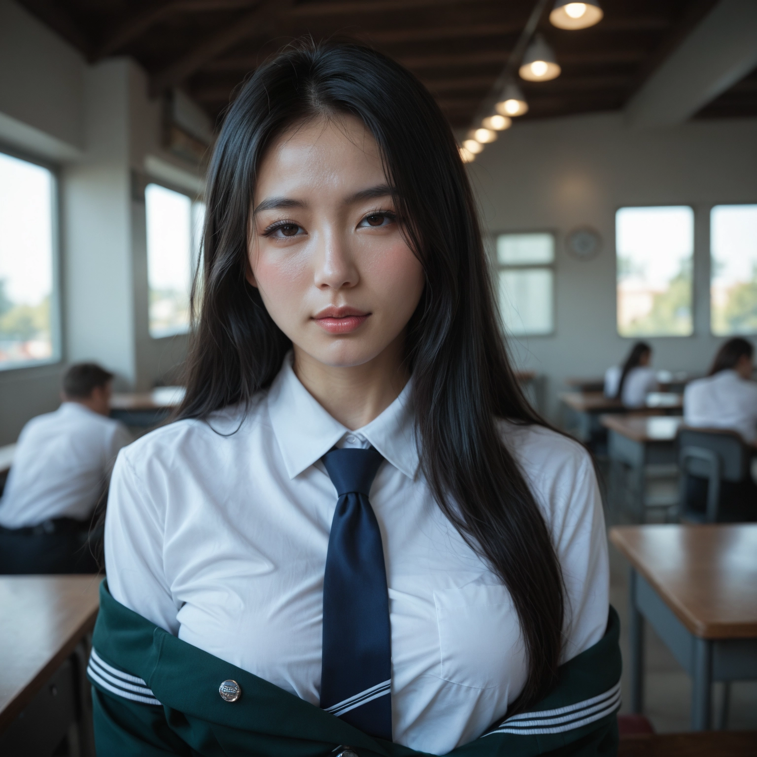 black hair, realistic, necktie, long hair, classroom, looking at viewer · Yamete.gg