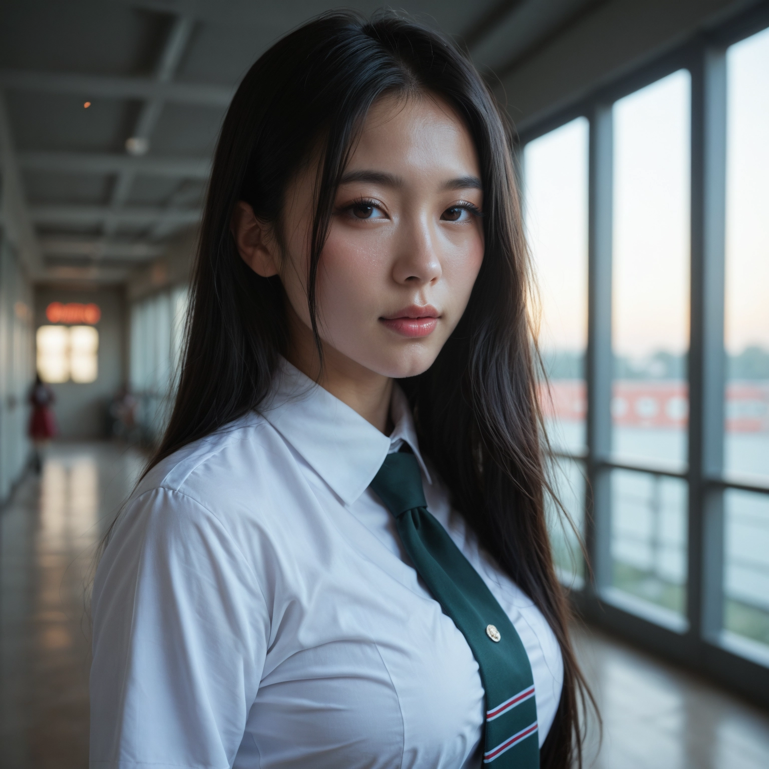 necktie, 1girl, long hair, shirt, black hair, brown eyes · Yamete.gg
