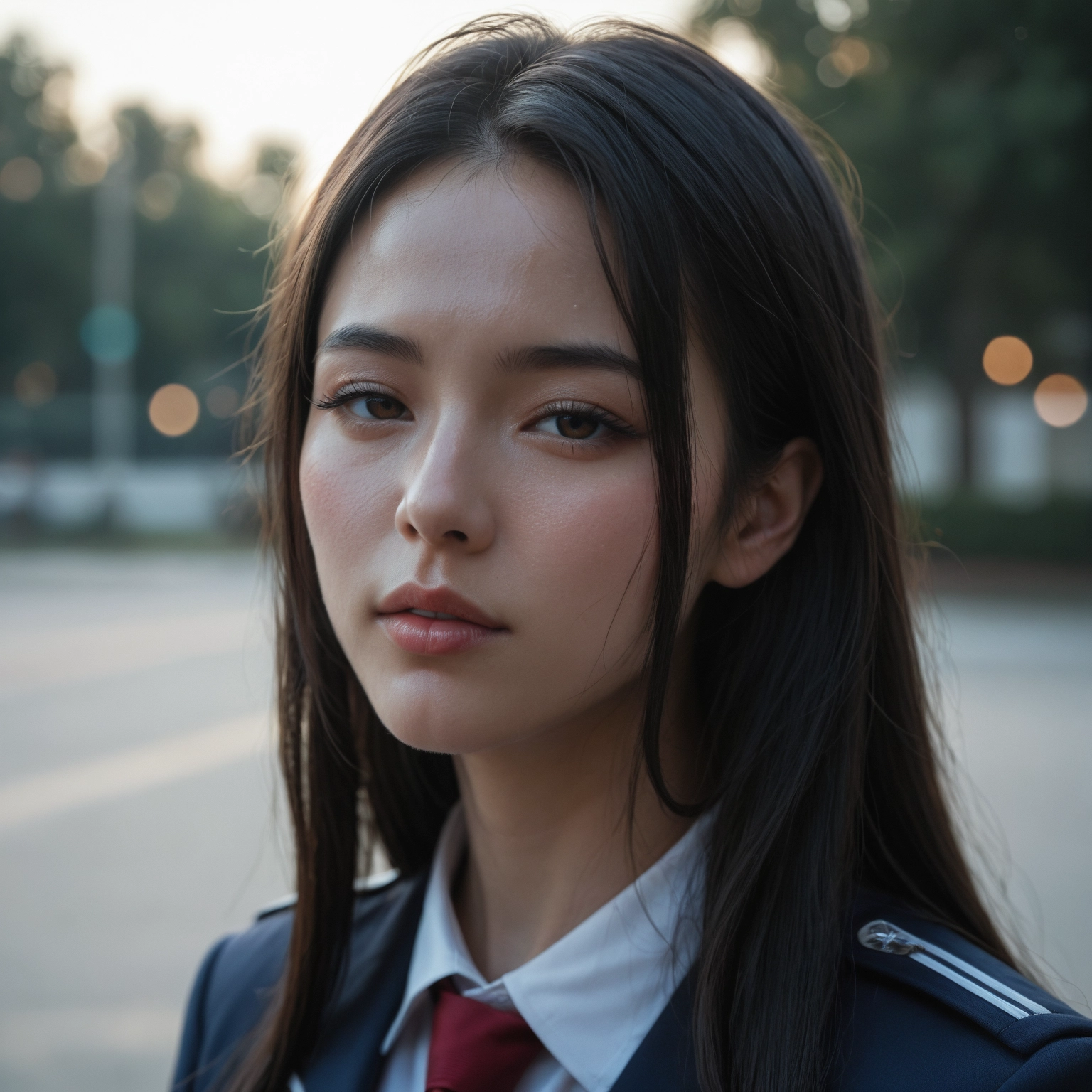 1girl, solo, necktie, brown eyes, realistic, blurry background · Yamete.gg