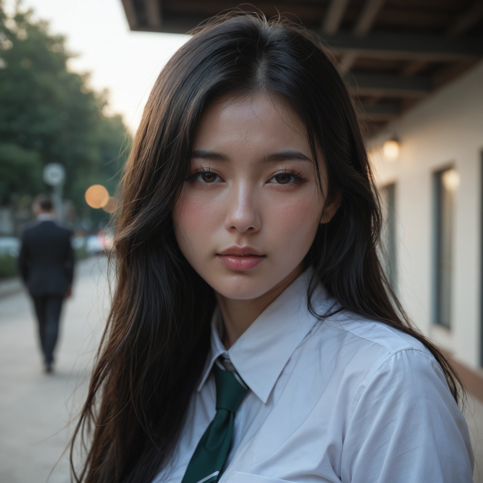 1girl, long hair, necktie, brown eyes, realistic, shirt · Yamete.gg