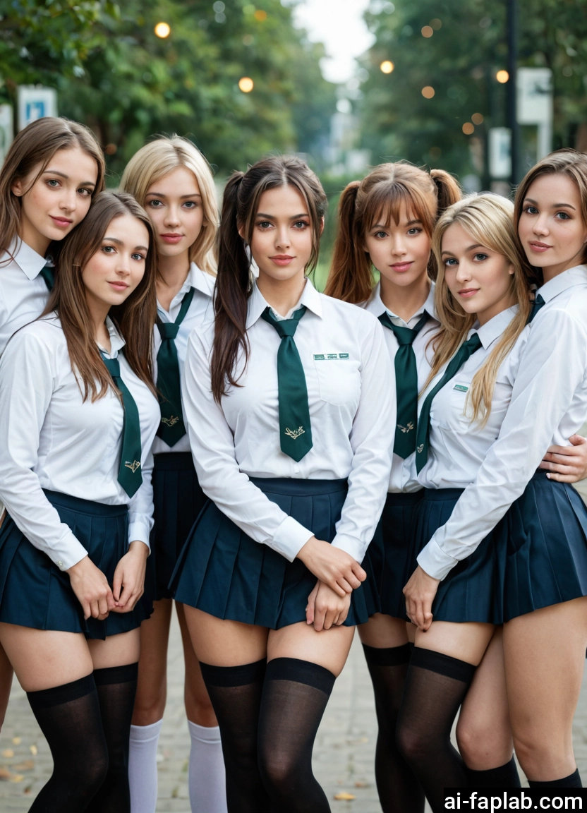 multiple girls, thighhighs, skirt, necktie, 5girls, school uniform · Yamete.gg