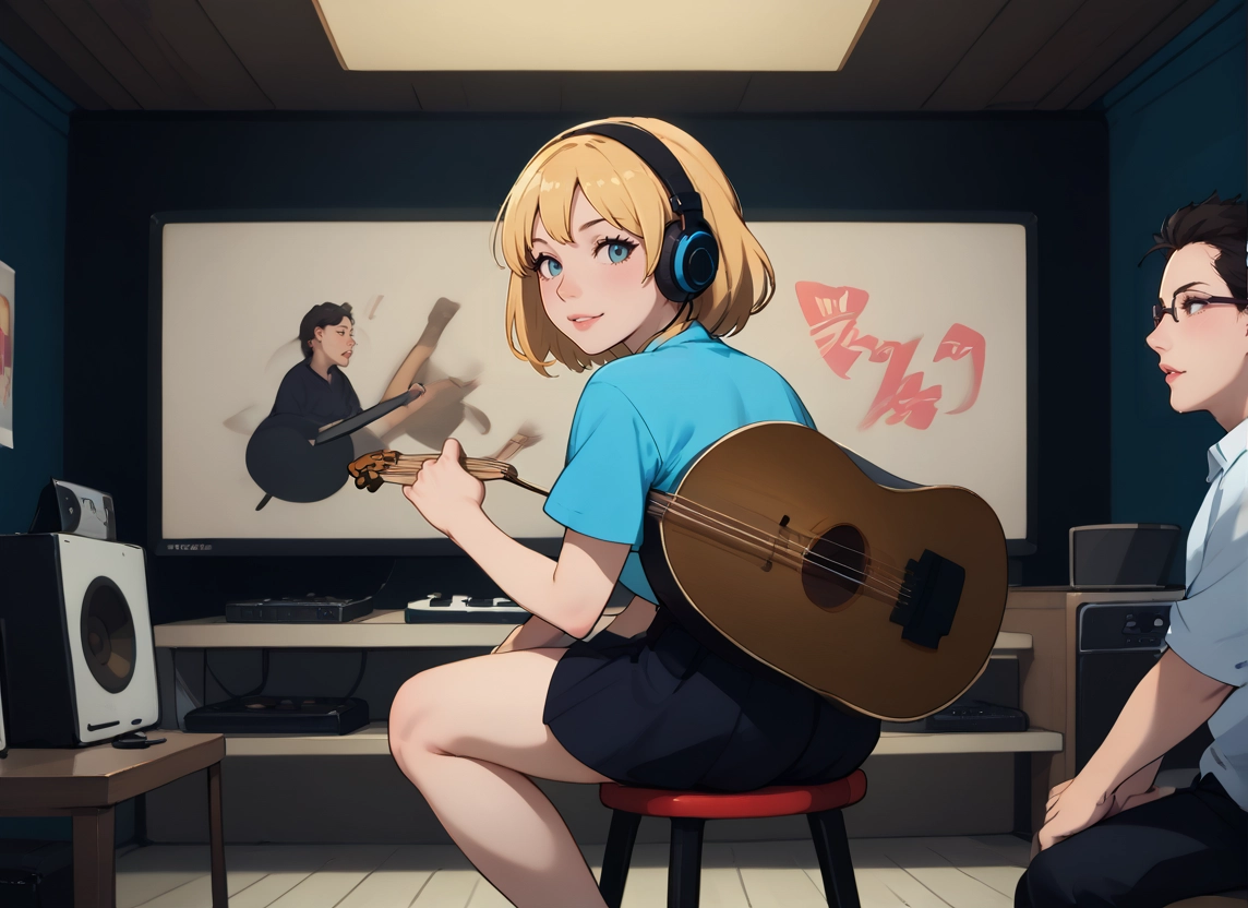 1girl, instrument, headphones, blonde hair, skirt, blue eyes · Yamete.gg
