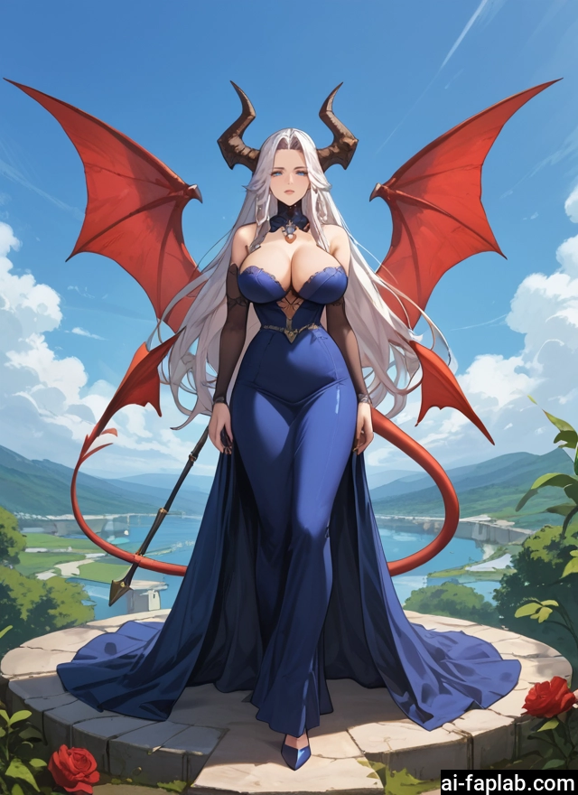 1girl, breasts, horns, wings, tail, dress